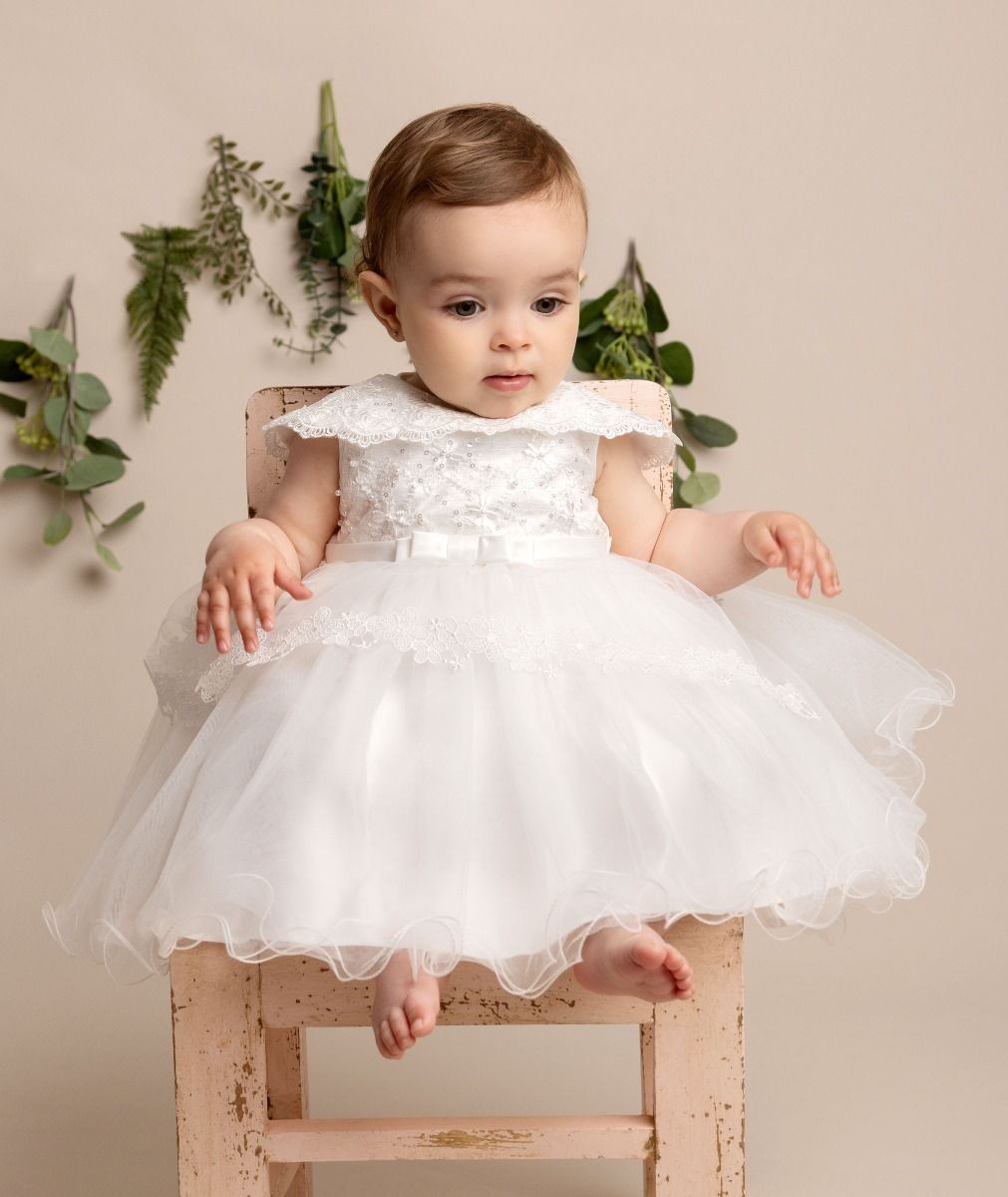 Baby Girls Layered Christening Lace Cape Dress - HAZEL