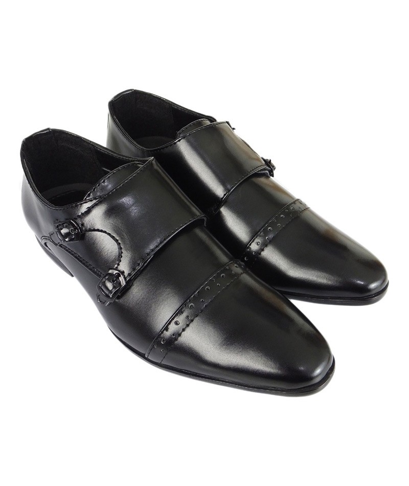 Boys Double Velcro Black Monk Shoes - Black