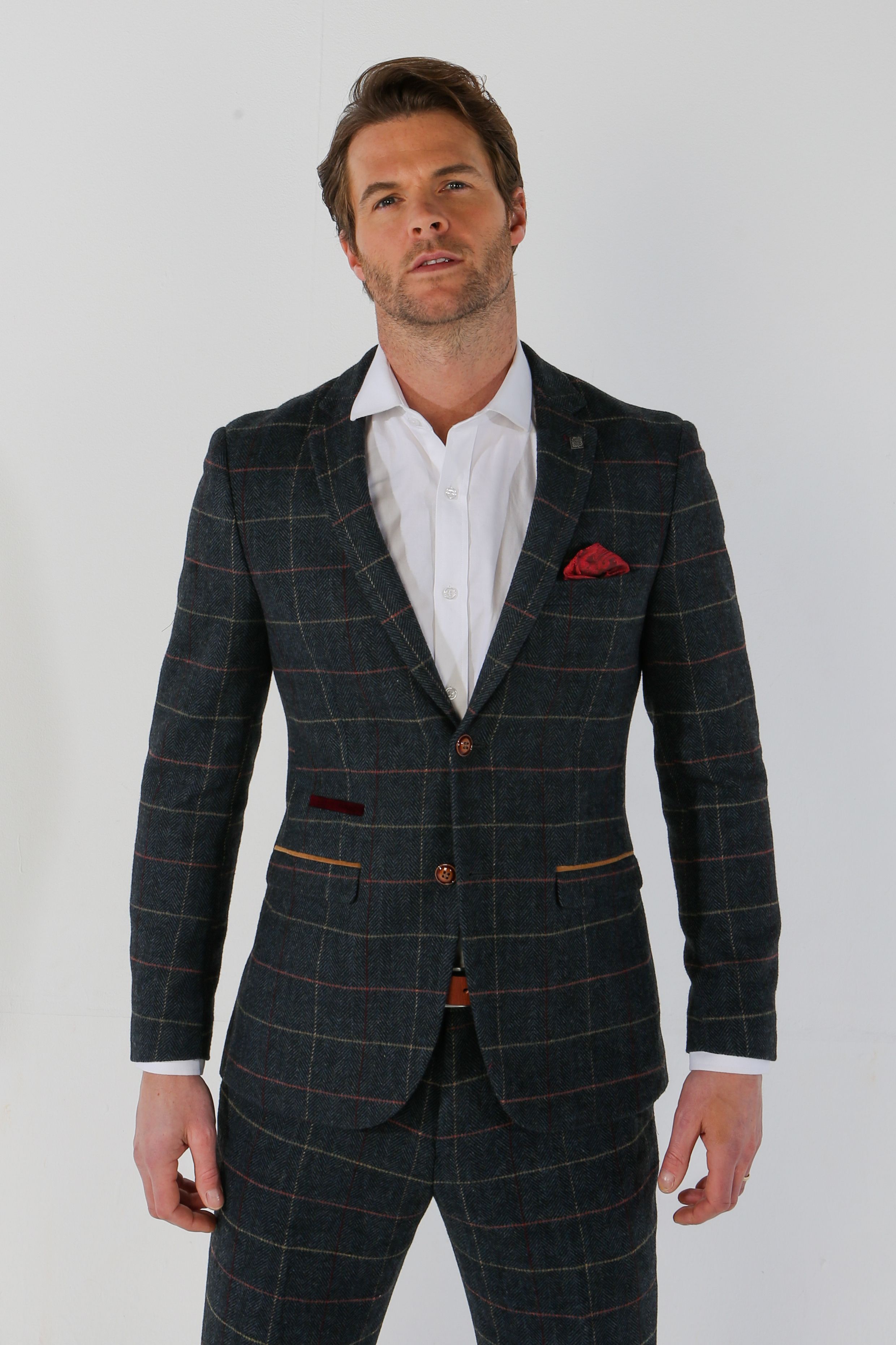 Men's Tweed Check Plaid Navy Suit Jacket - THOMAS