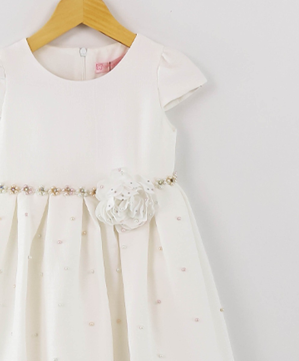 Girl Communion Short Sleeves Pearl Dress Set - Ecru