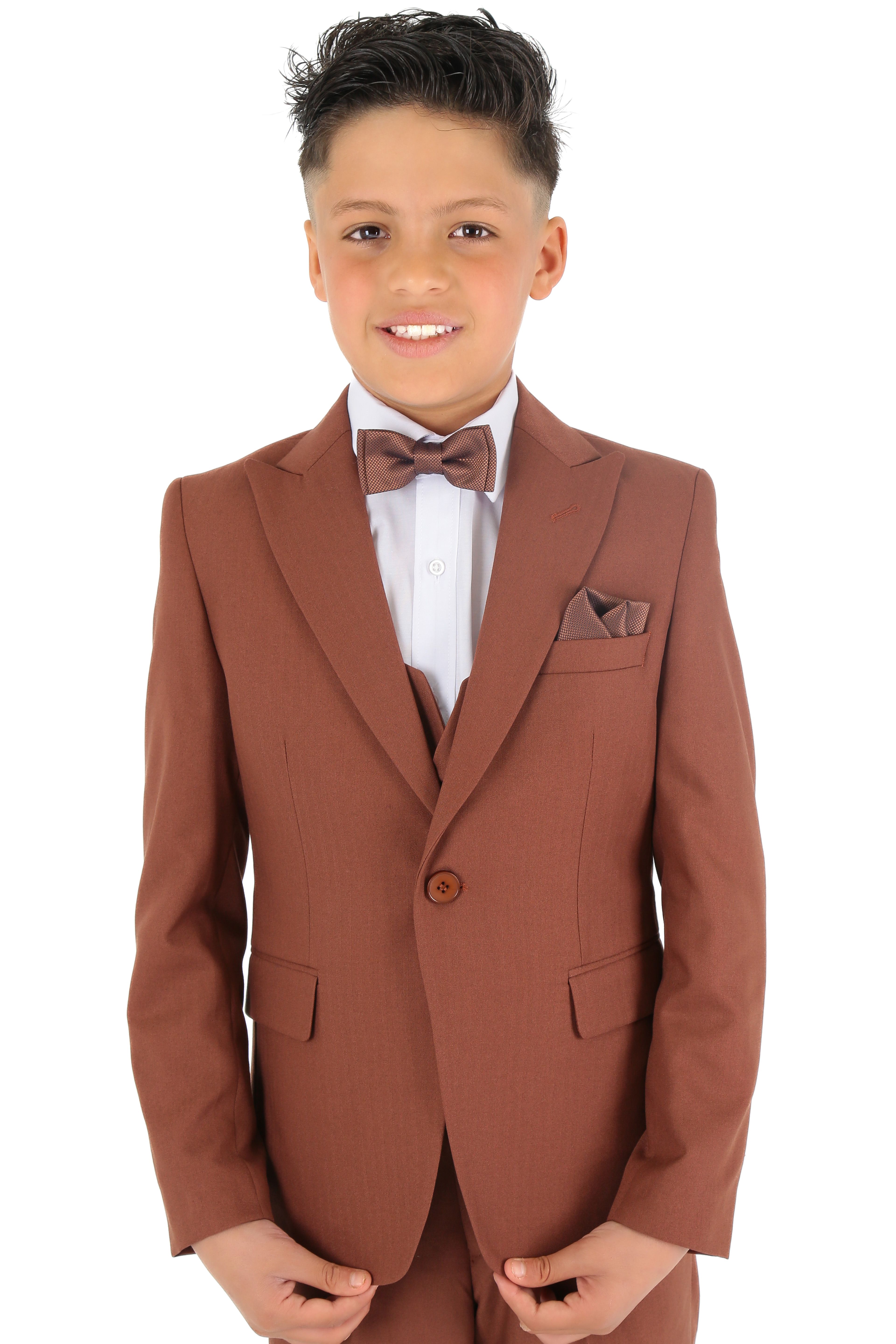 Boys Slim Fit Herringbone 8 Piece Suit Set - KING - Cinnamon Brown