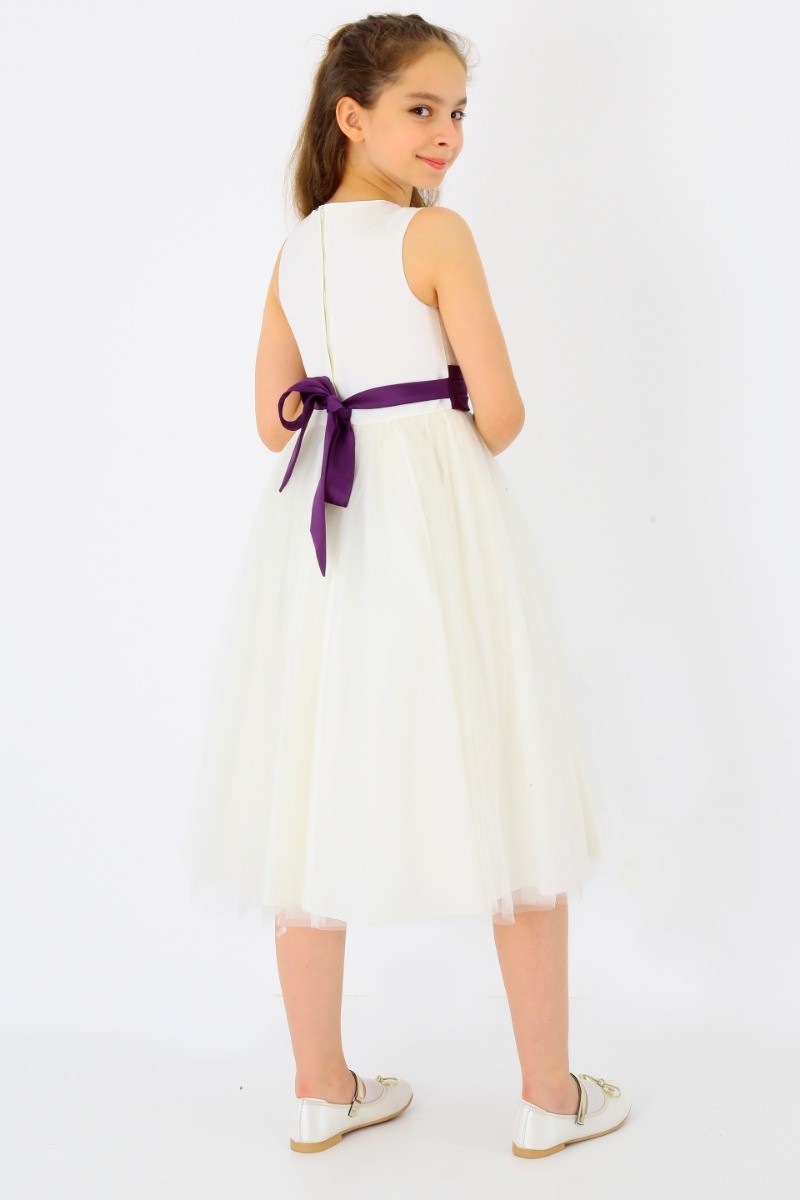 Flower Girls Sleeveless Tulle Communion Dress - White - Purple