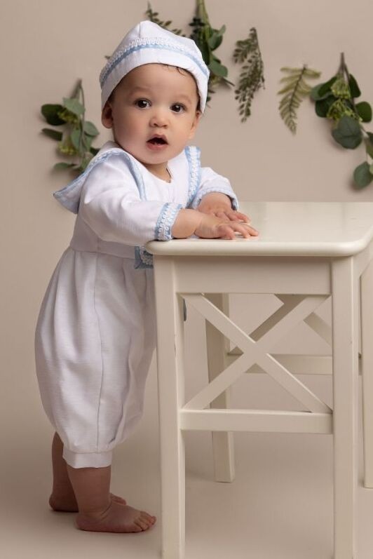 Baby Boys White Christening Romper with Hat - William