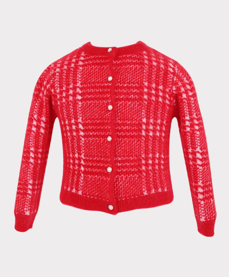 Girls Herringbone Tweed Dress and Cardigan Set - Red