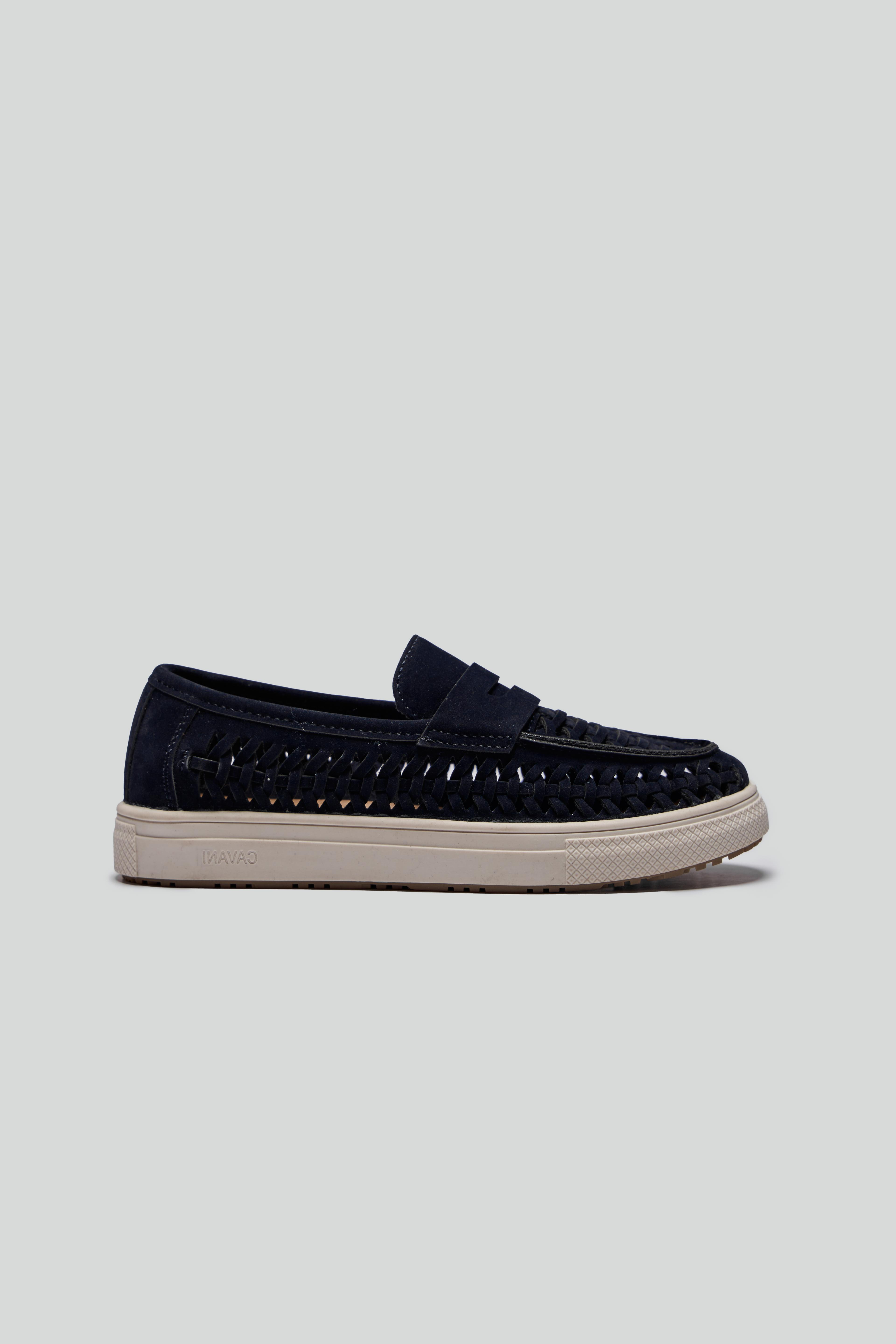 Boys Suede Penny Loafers with Woven Detail - TROY - Navy Blue