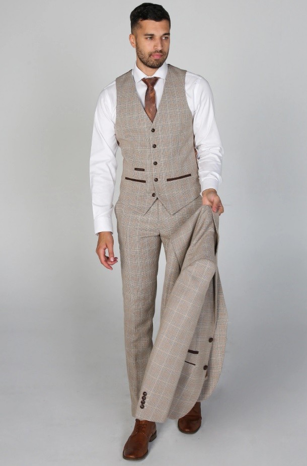 Men's Tweed Check Tailored Fit Beige Suit - HOLLAND - Beige - Brown