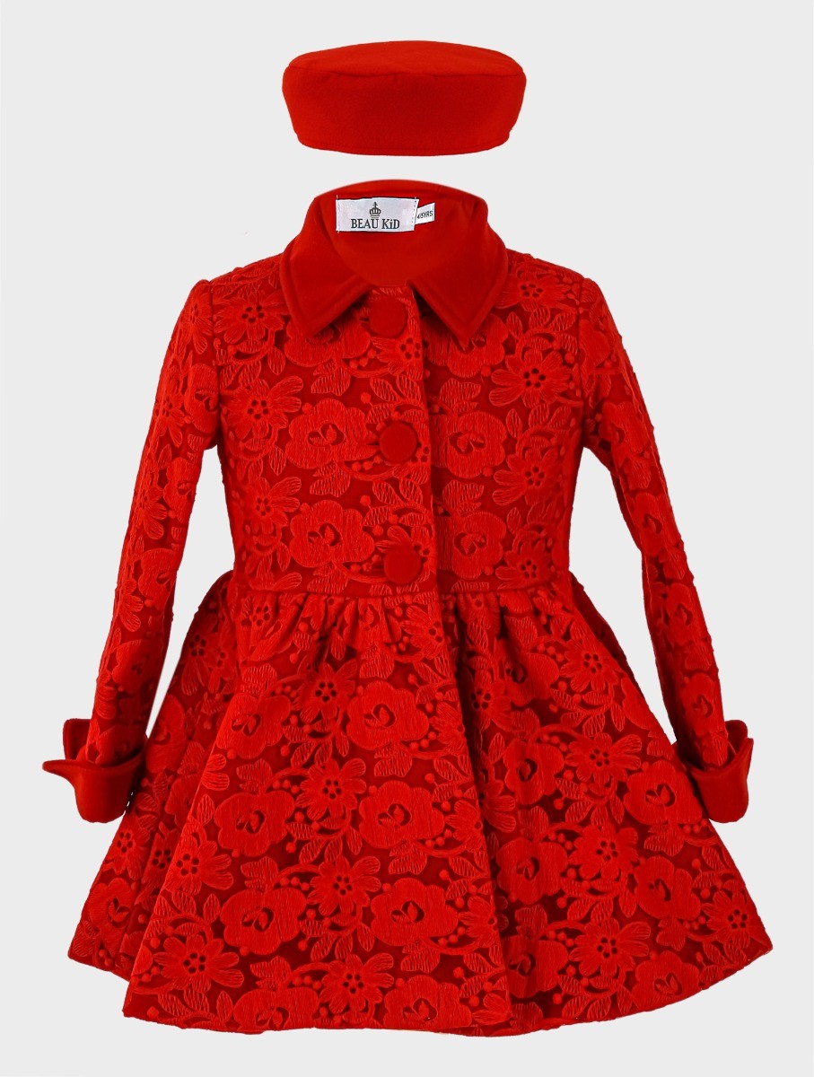 Girls Coat Floral Embroidered Lace 2 Piece Set - Red