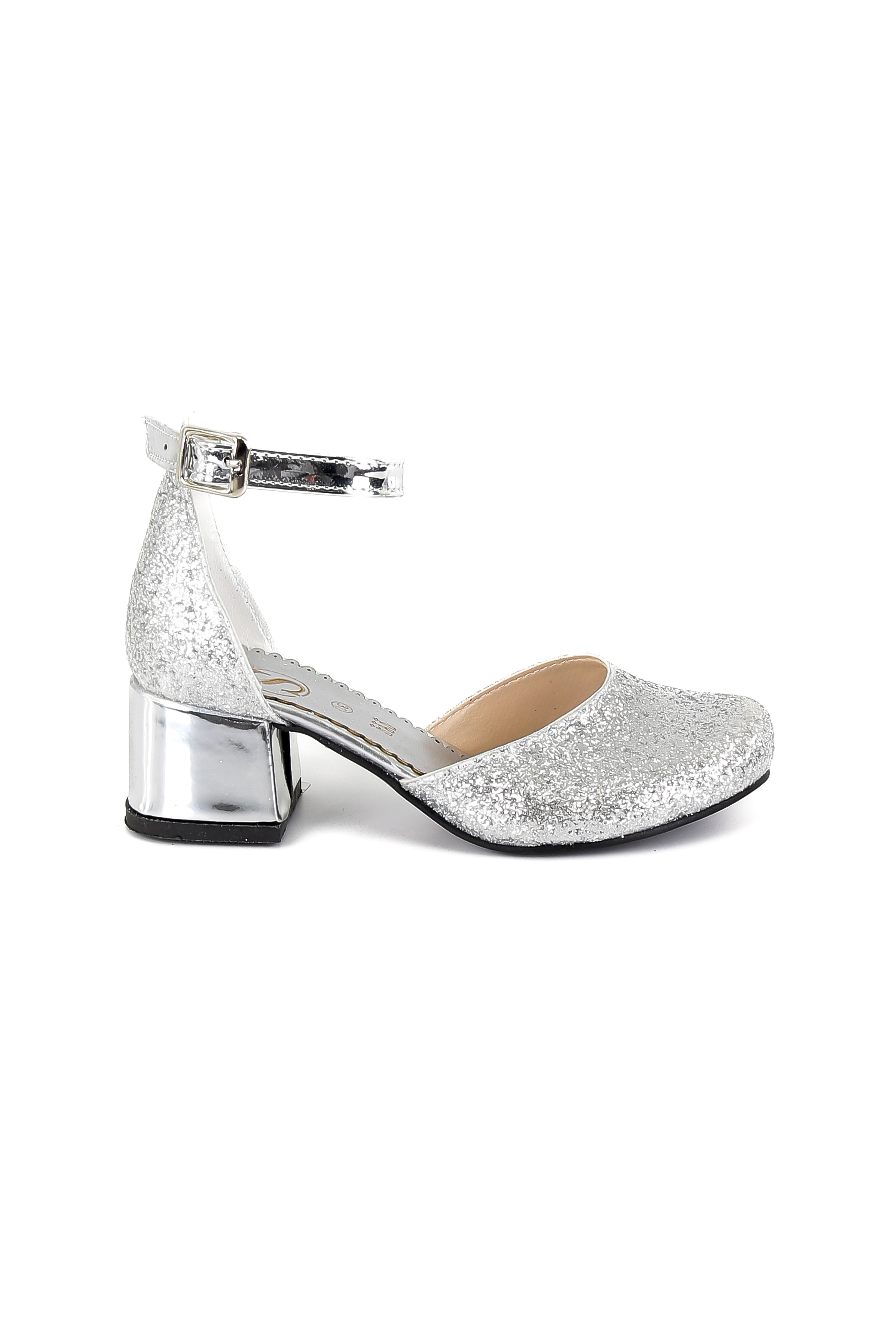 Girls Glittery Mary Janes Block Heel Silver Shoes - Ivory Silver