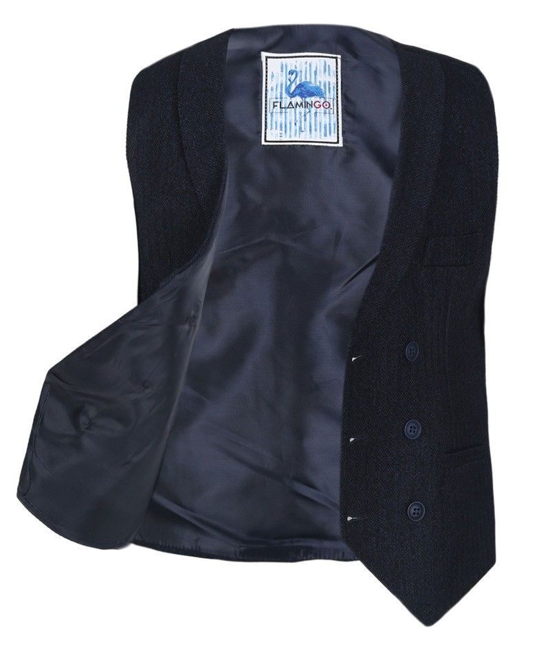 Men's and Boys Herringbone Double-breasted Waistcoat Set - Navy Blue