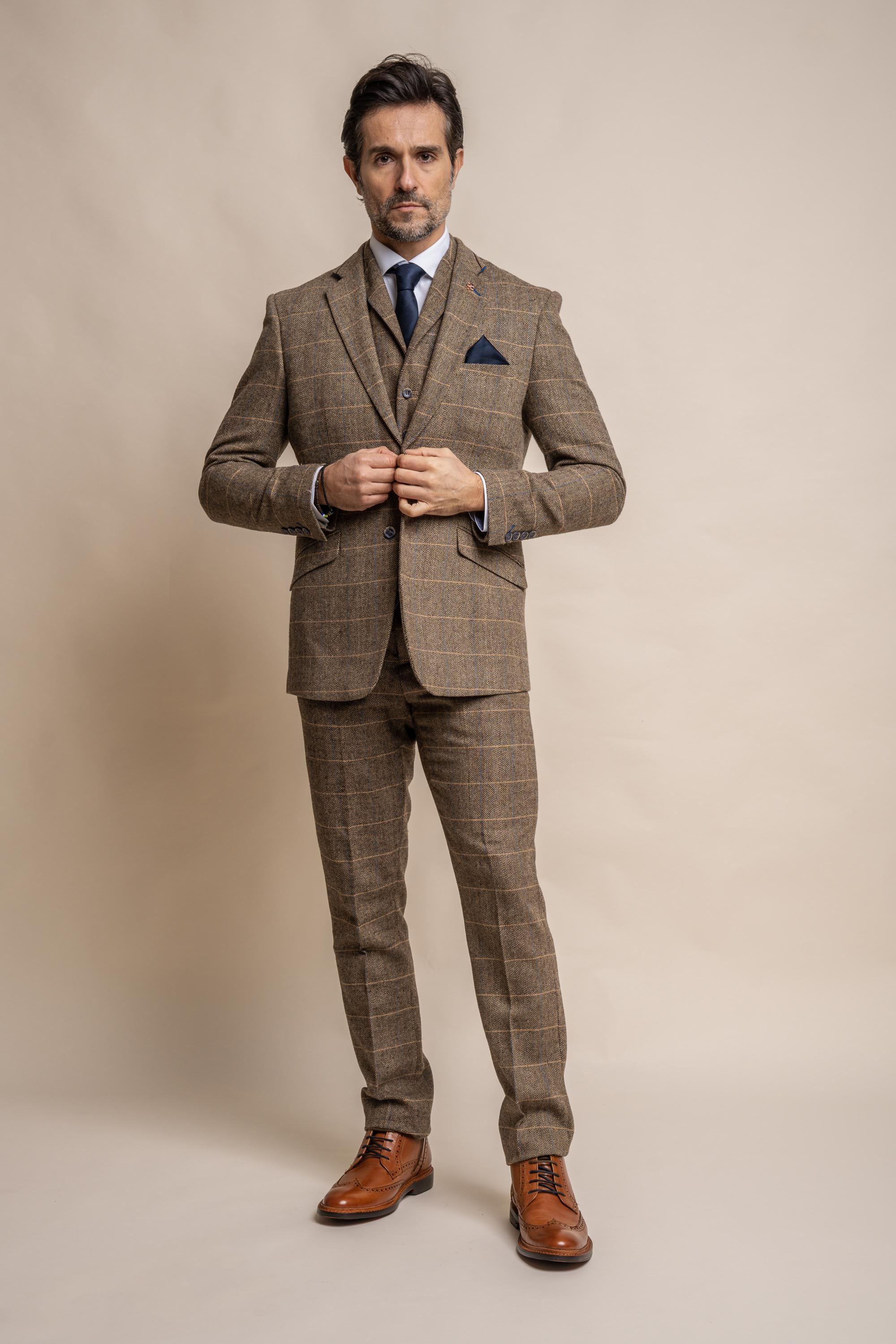 Men's Wool Blend Herringbone Check Suit Jacket - Albert  - Tan Brown