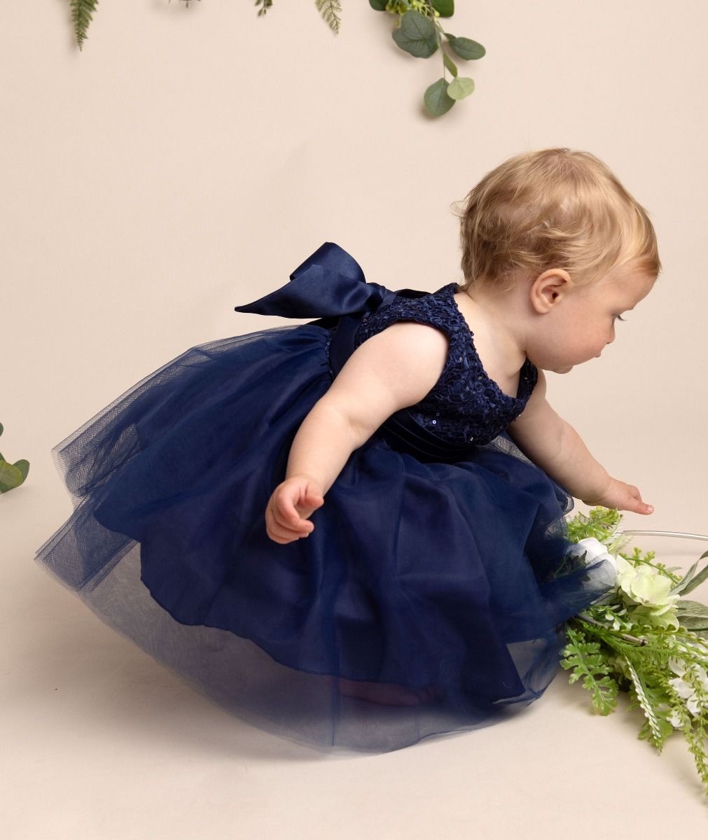 Baby Girls Dress with Floral Bodice & Bow - PC-1025 - Navy Blue