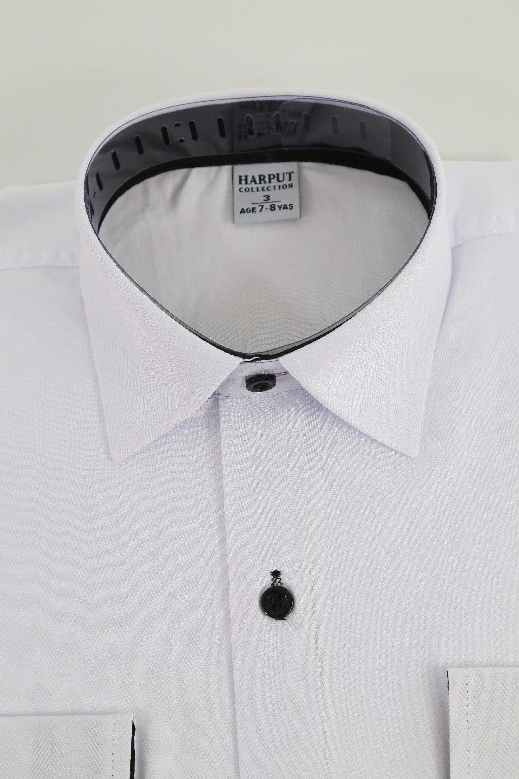 Boys White Formal Dress Shirt with Cufflinks - Herringbone Pattern - HARPUT