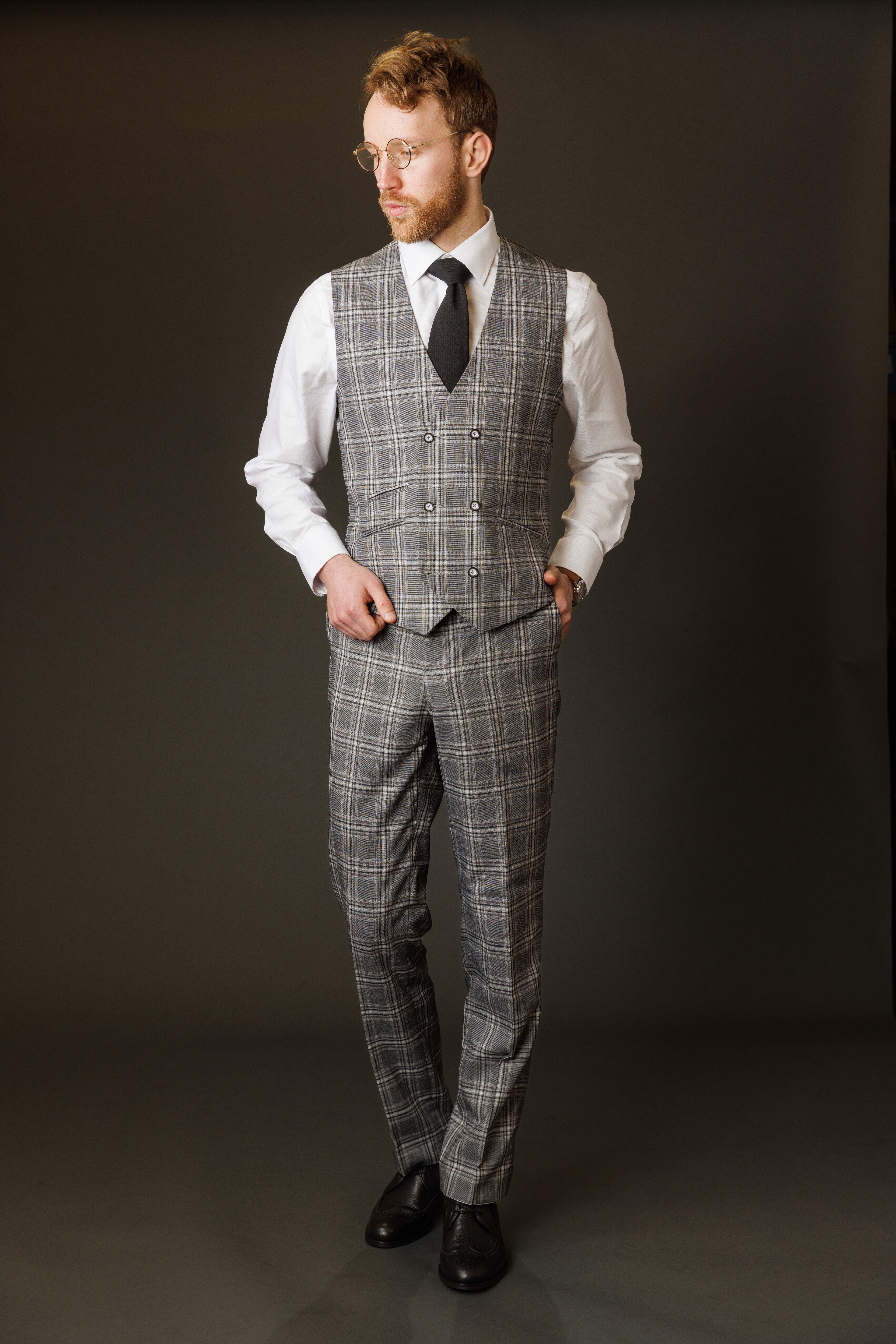 Men's Windowpane Check Slim Fit Suit - BLAKE - Grey