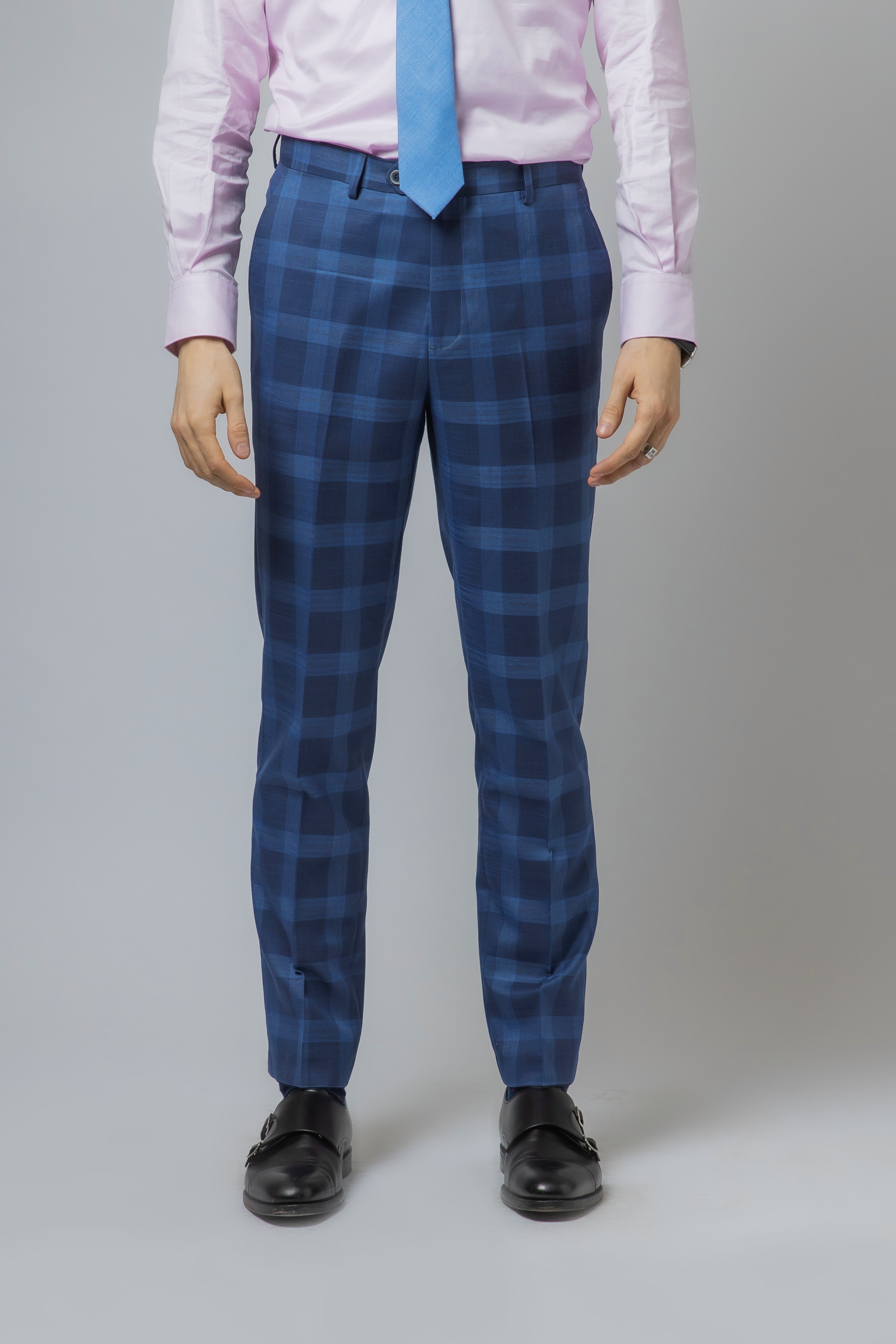 Men's Check Slim Fit Blue Trousers - Hunter