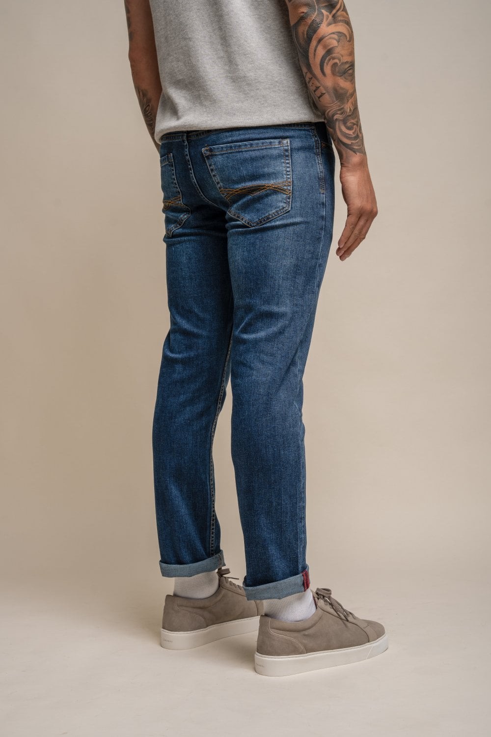 Men's Cotton Slim Fit Stretch Denim Jeans - MILANO - Stone Wash Blue