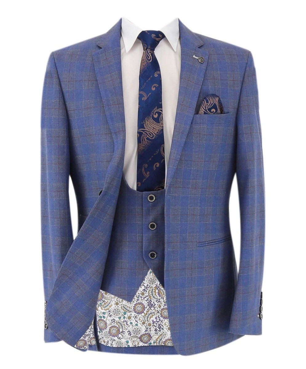 Men's Windowpane Check Slim Fit Suit - CONNOR - Pale Blue