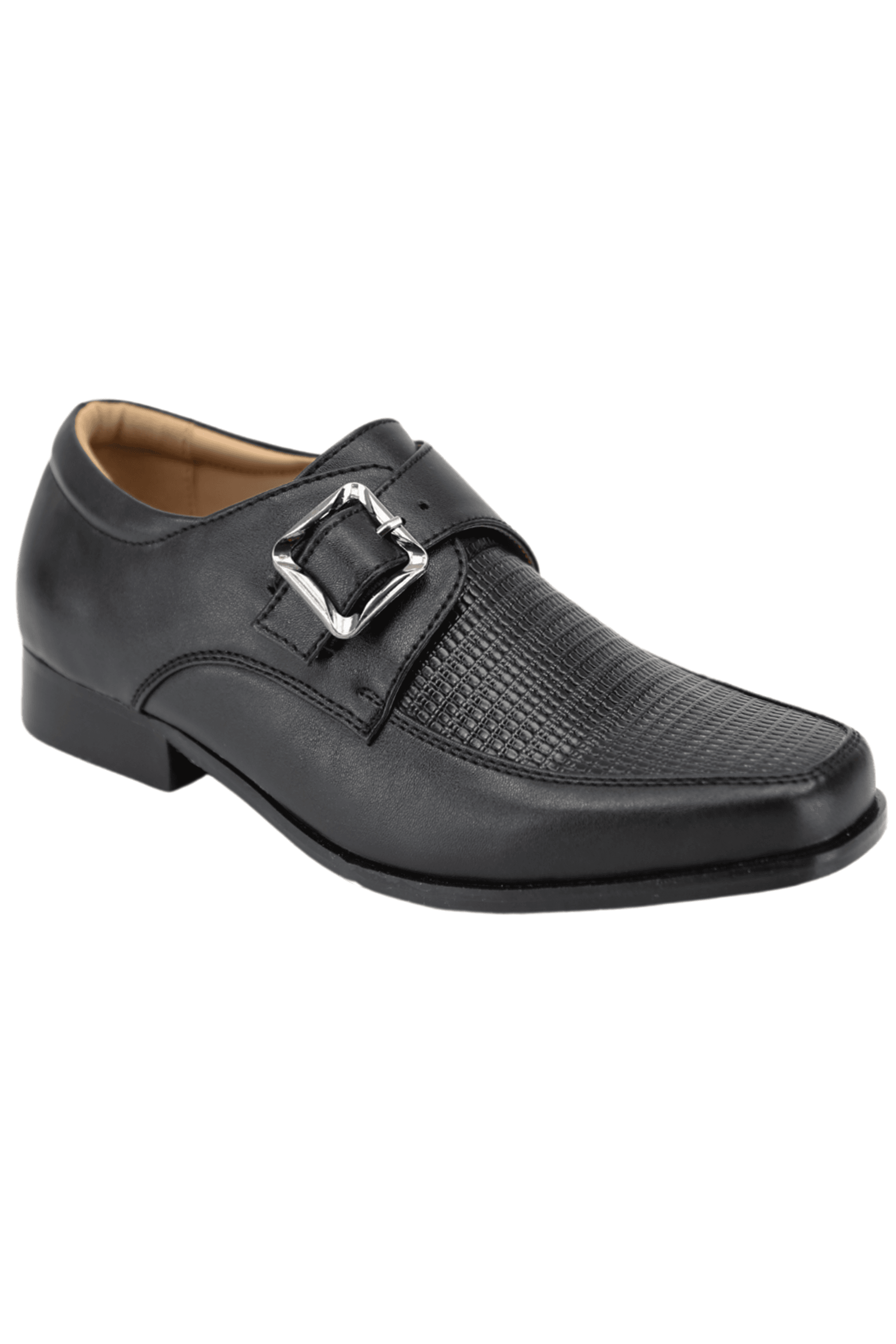 Boys Textured Leather Buckled Monk Shoes - Black