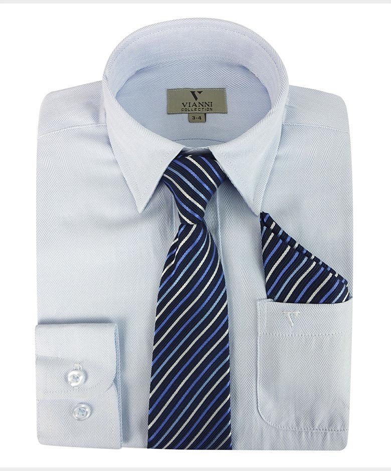Boys Cotton Formal Sky Blue Shirt with Patterned Tie & Hanky Set