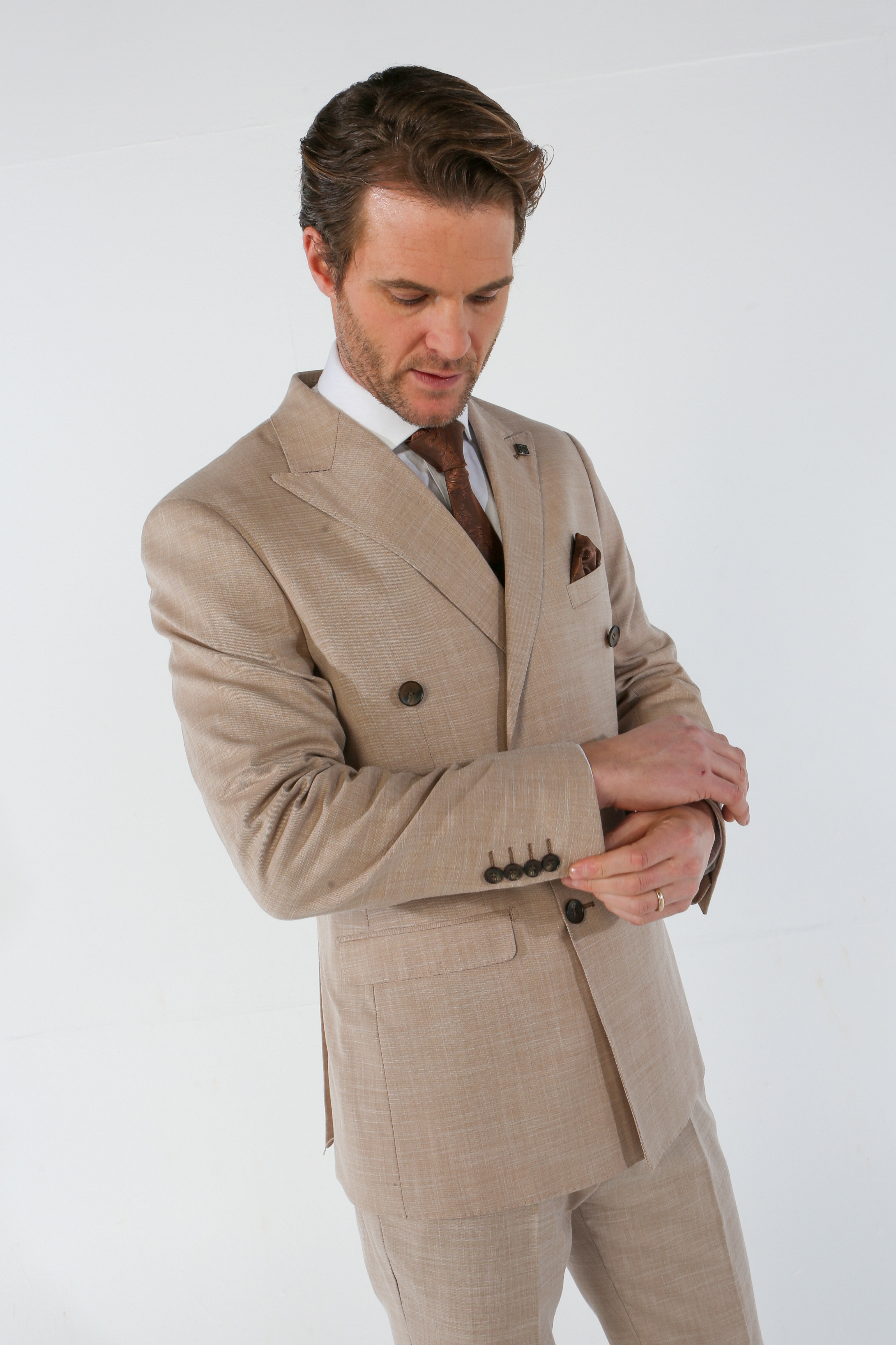 Men's Plaid Double-Breasted Suit Jacket - KURT - Beige