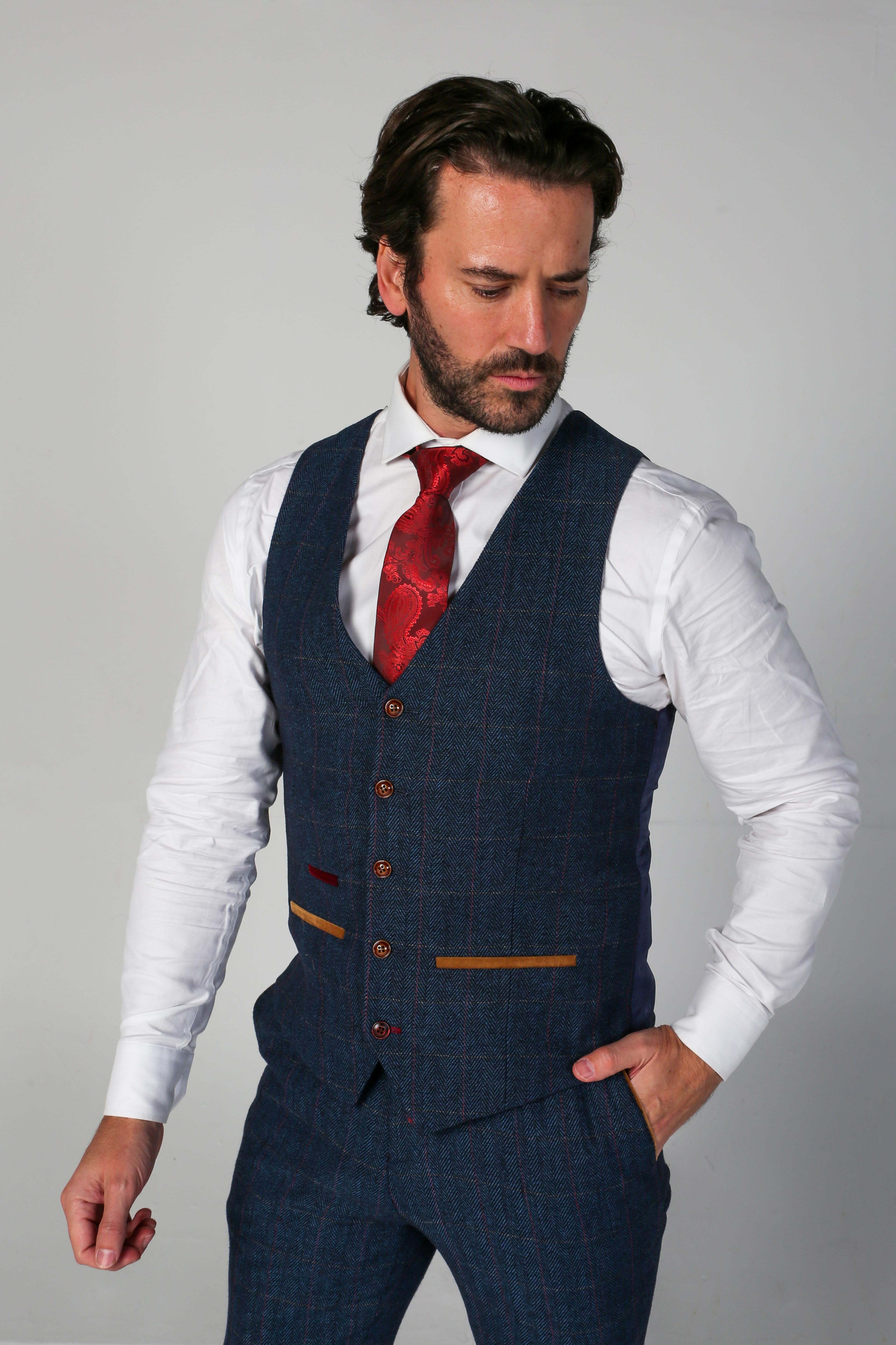 Men's Tweed Herringbone Navy Waistcoat - SCOTT