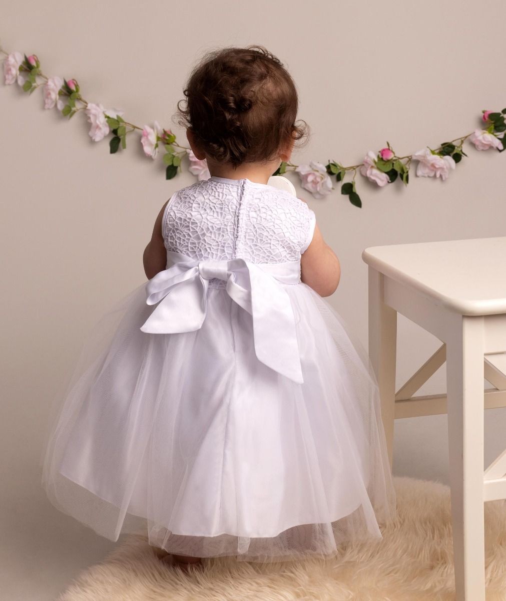 Baby Girls Christening Dress with Lace & Bow - ROSE - White