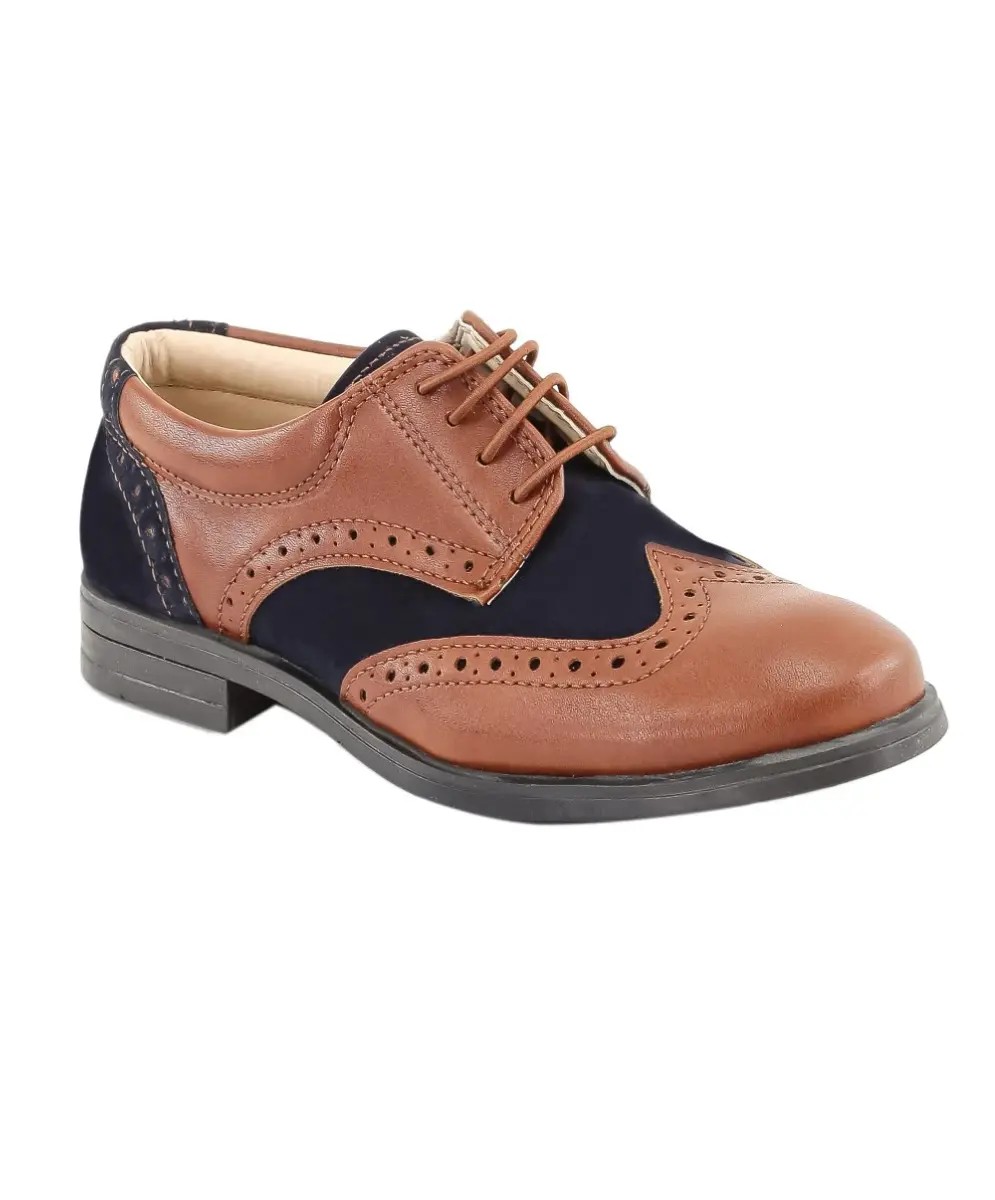 Boys Patent Leather & Suede Lace Up Brogue Derby Shoes - Tan Brown - Navy Blue