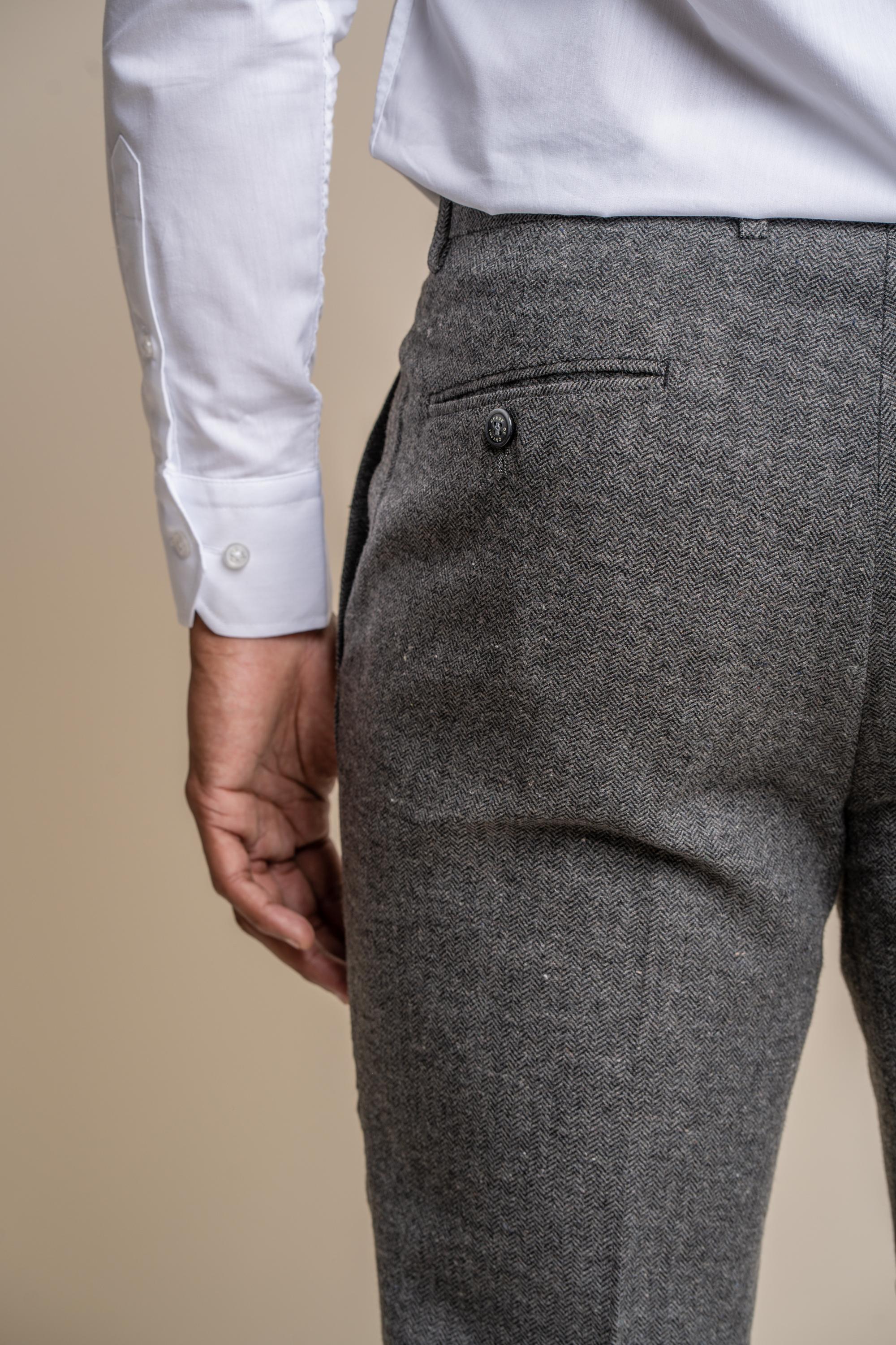 Men's Herringbone Tweed Slim Fit Trousers - MARTEZ - Grey