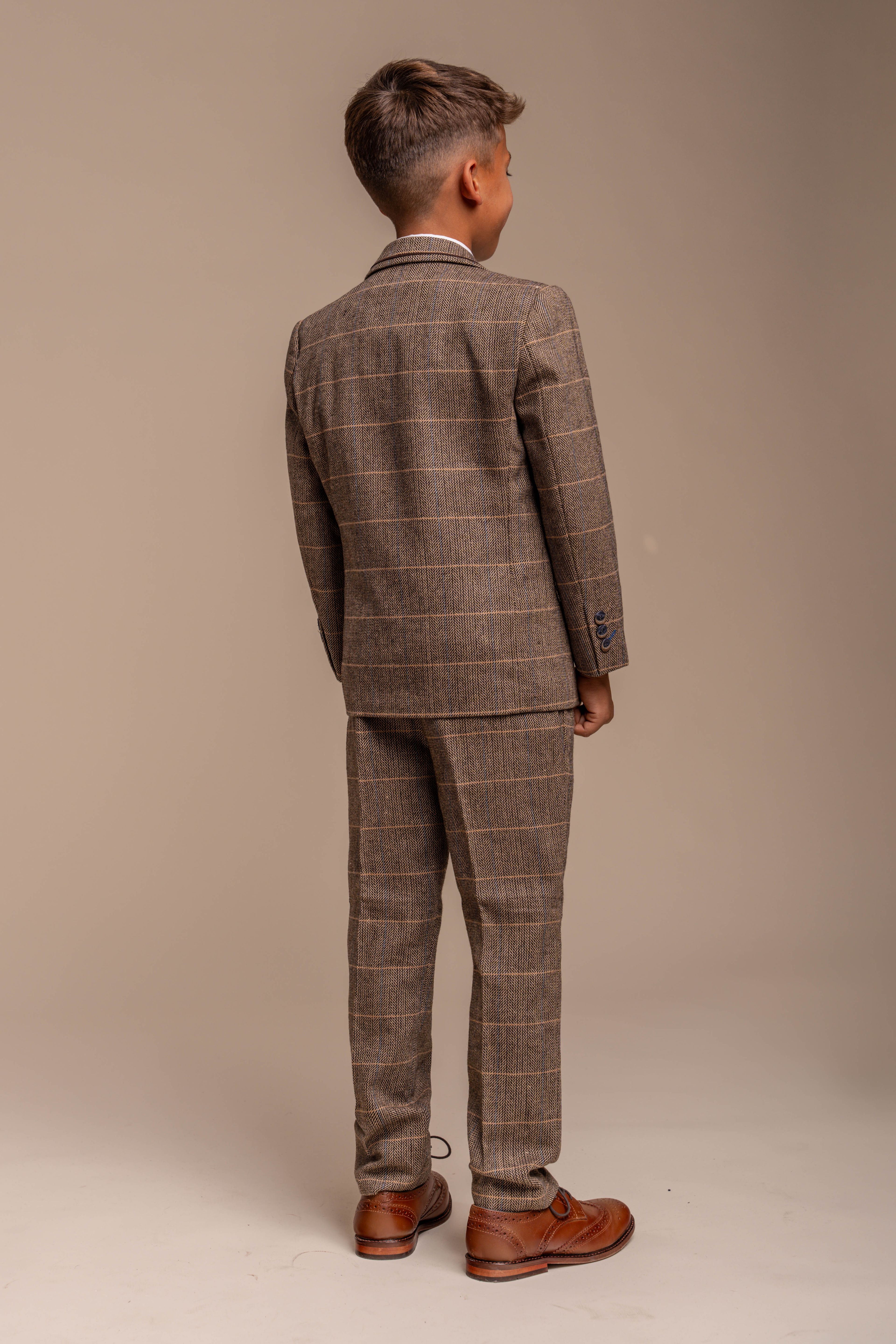 Boys Wool Blend Herringbone Check Suit - ALBERT - Brown