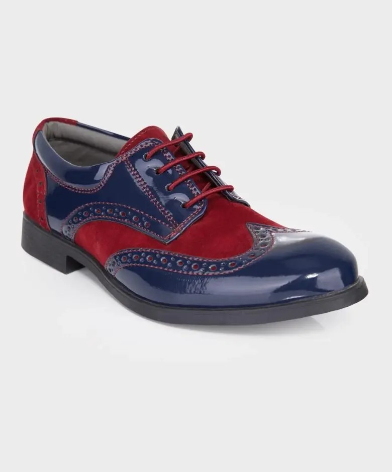 Boys Patent Leather & Suede Lace Up Brogue Derby Shoes - Navy Blue - Burgundy