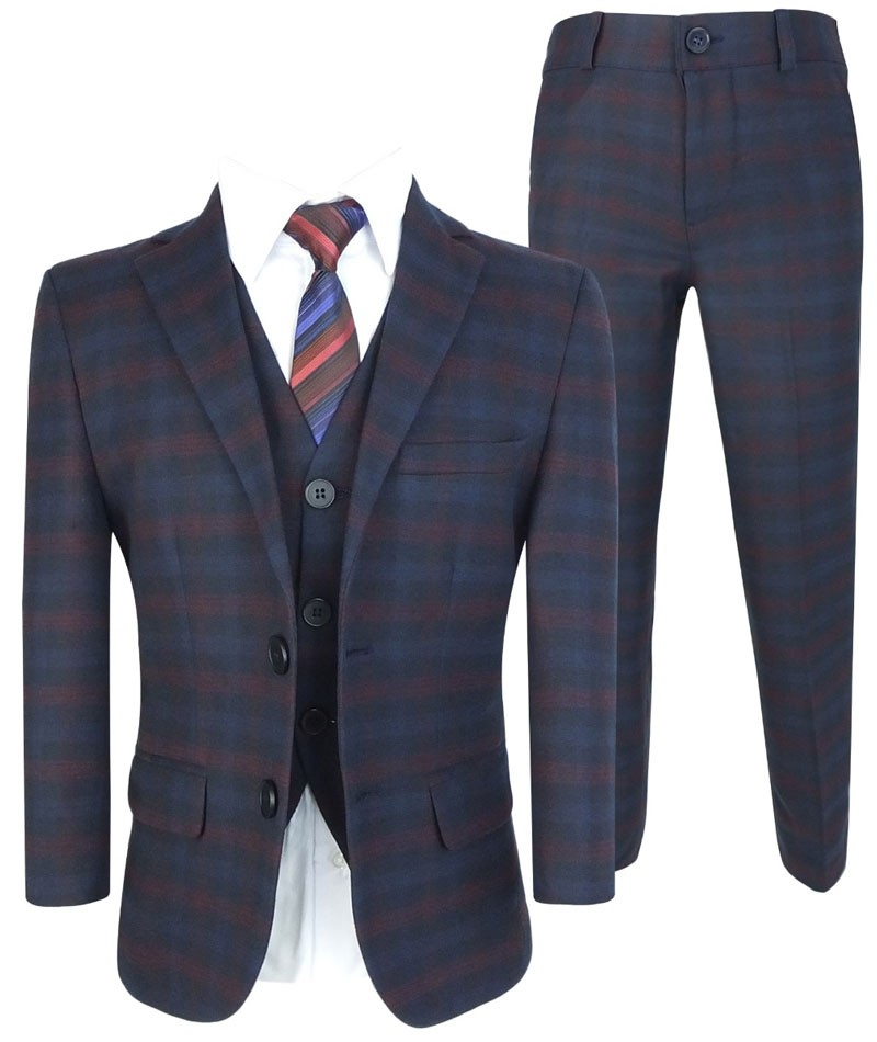 Boys Tailored Fit Retro Check Navy Suit