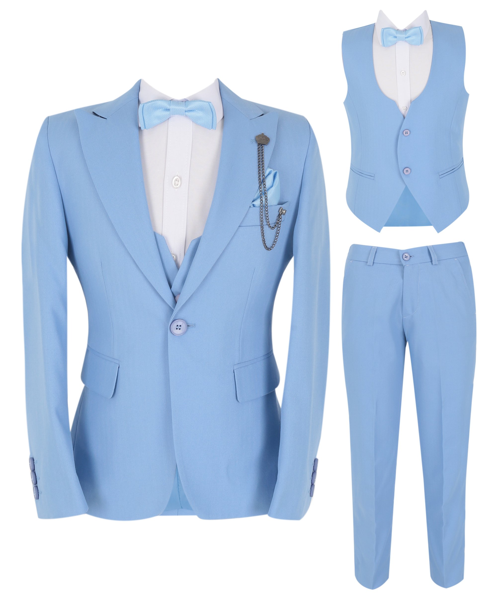 Boys Slim Fit Herringbone 8 Piece Suit Set - KING - Sky Blue