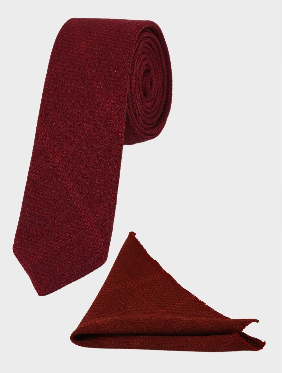 Men's Tweed Windowpane Check Tie & Hankie Set - Burgundy