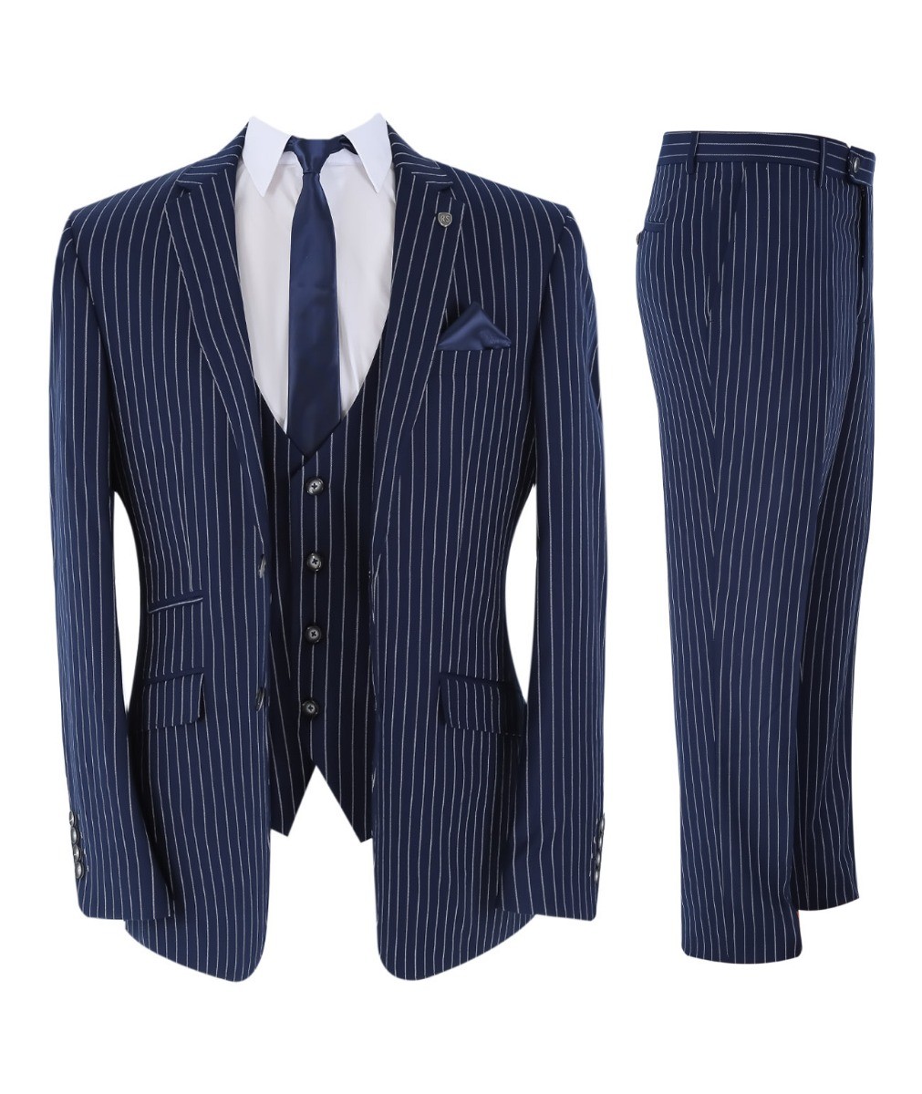 Men's Tailored Fit Pinstripe Navy Suit - MASON  - Navy Blue