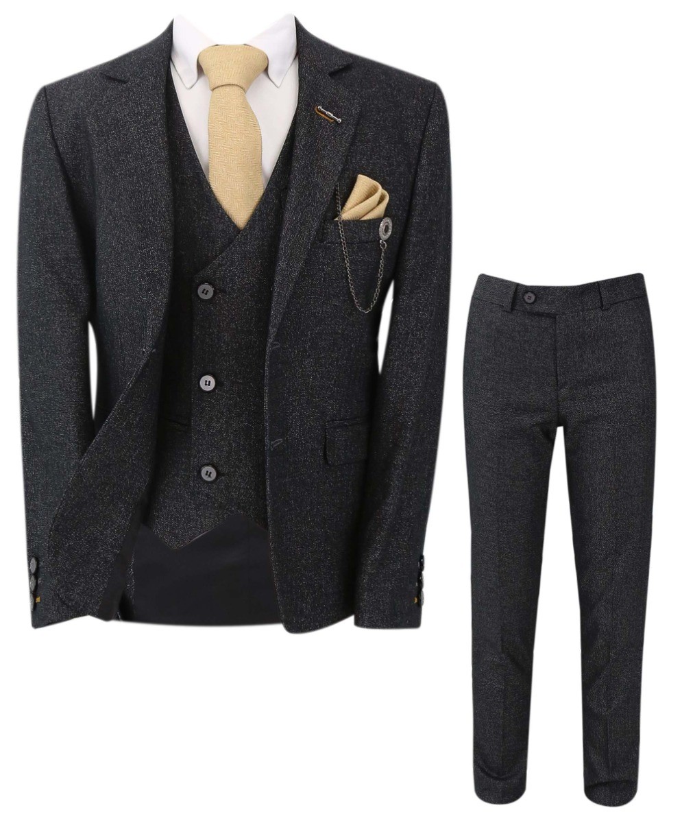 Boys Tailored Fit Herringbone Patterned Suit - TONY