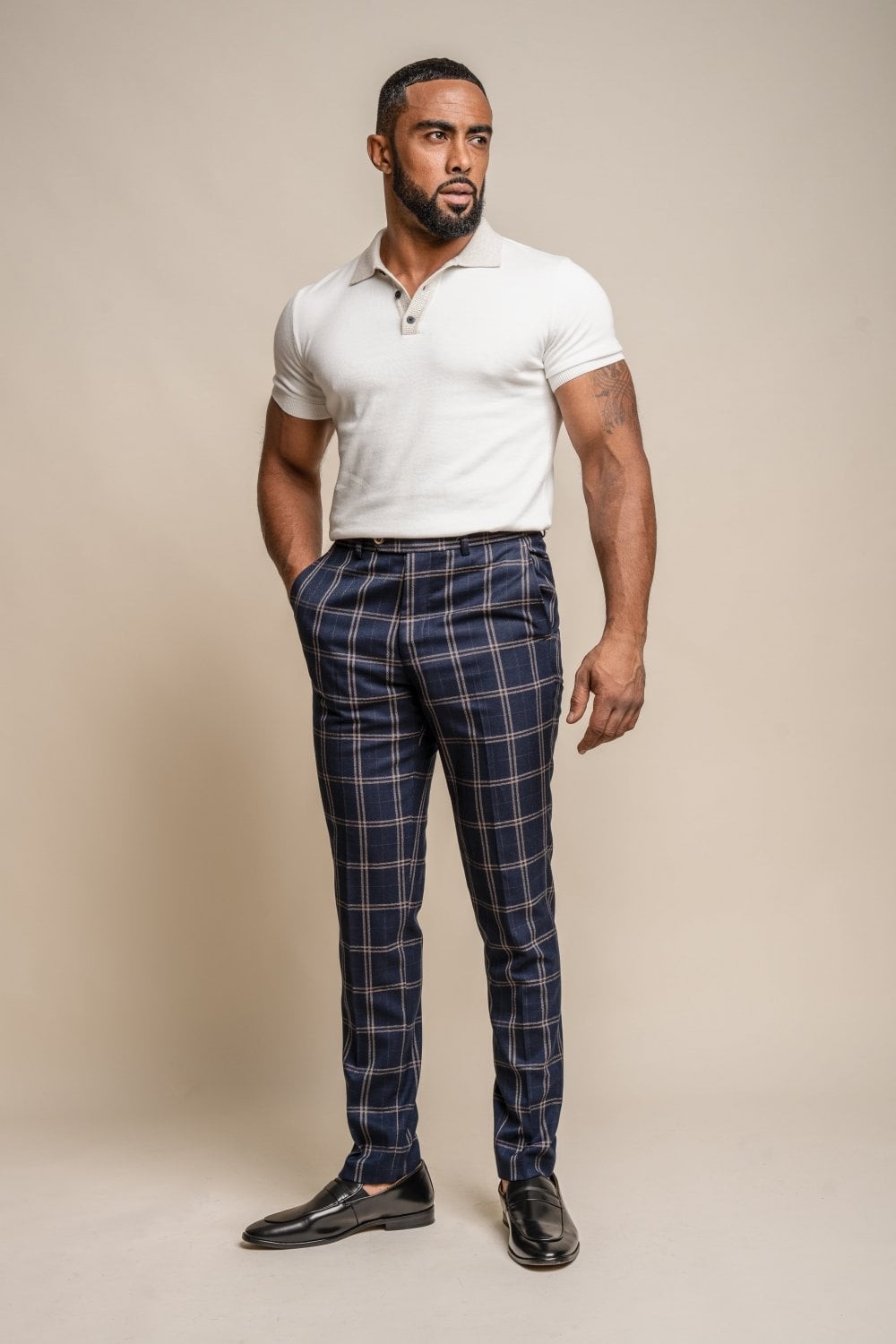 Men's Retro Check Navy Slim Fit Suit - HARDY - Navy Blue