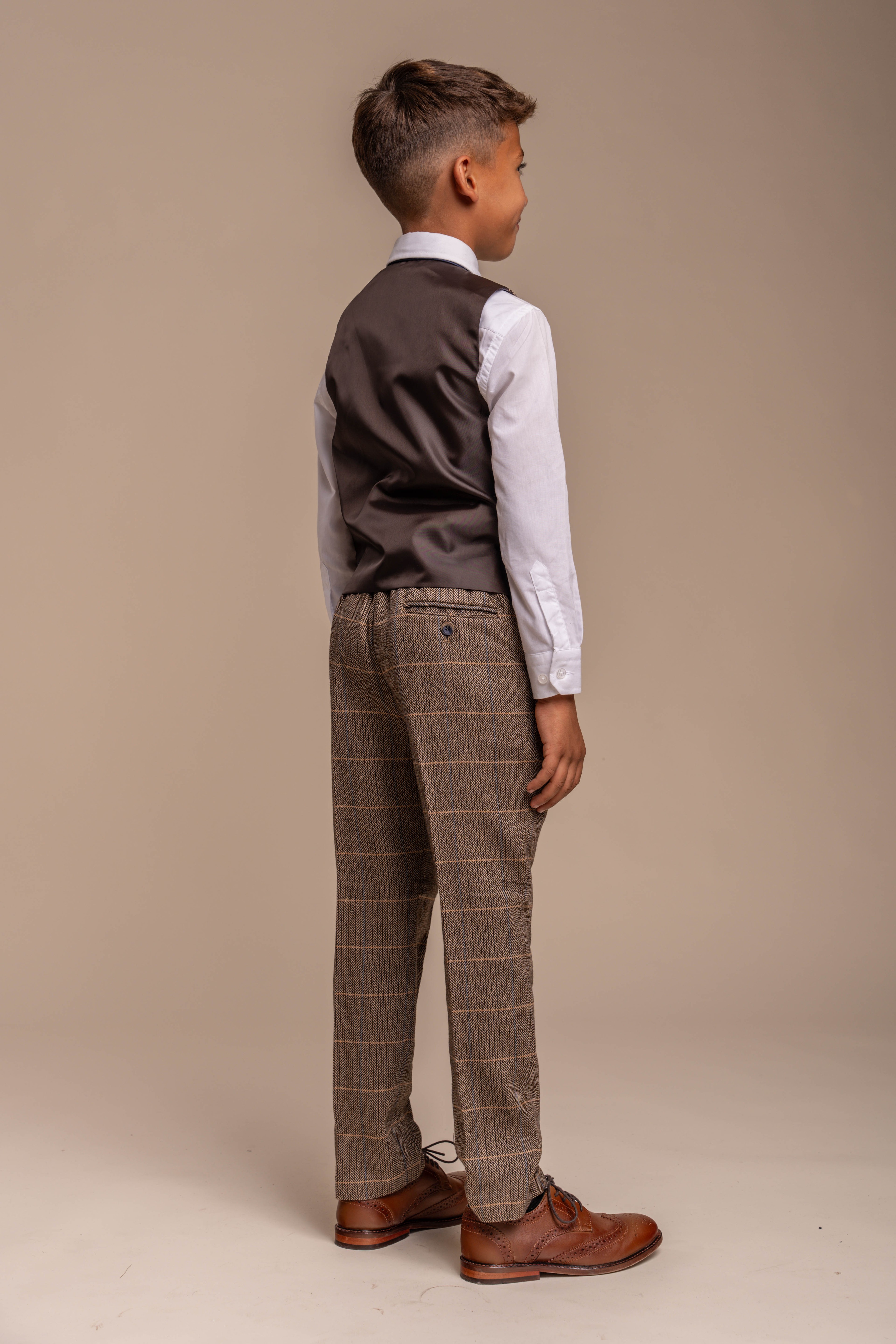 Boys Wool Blend Herringbone Check Suit - ALBERT - Brown