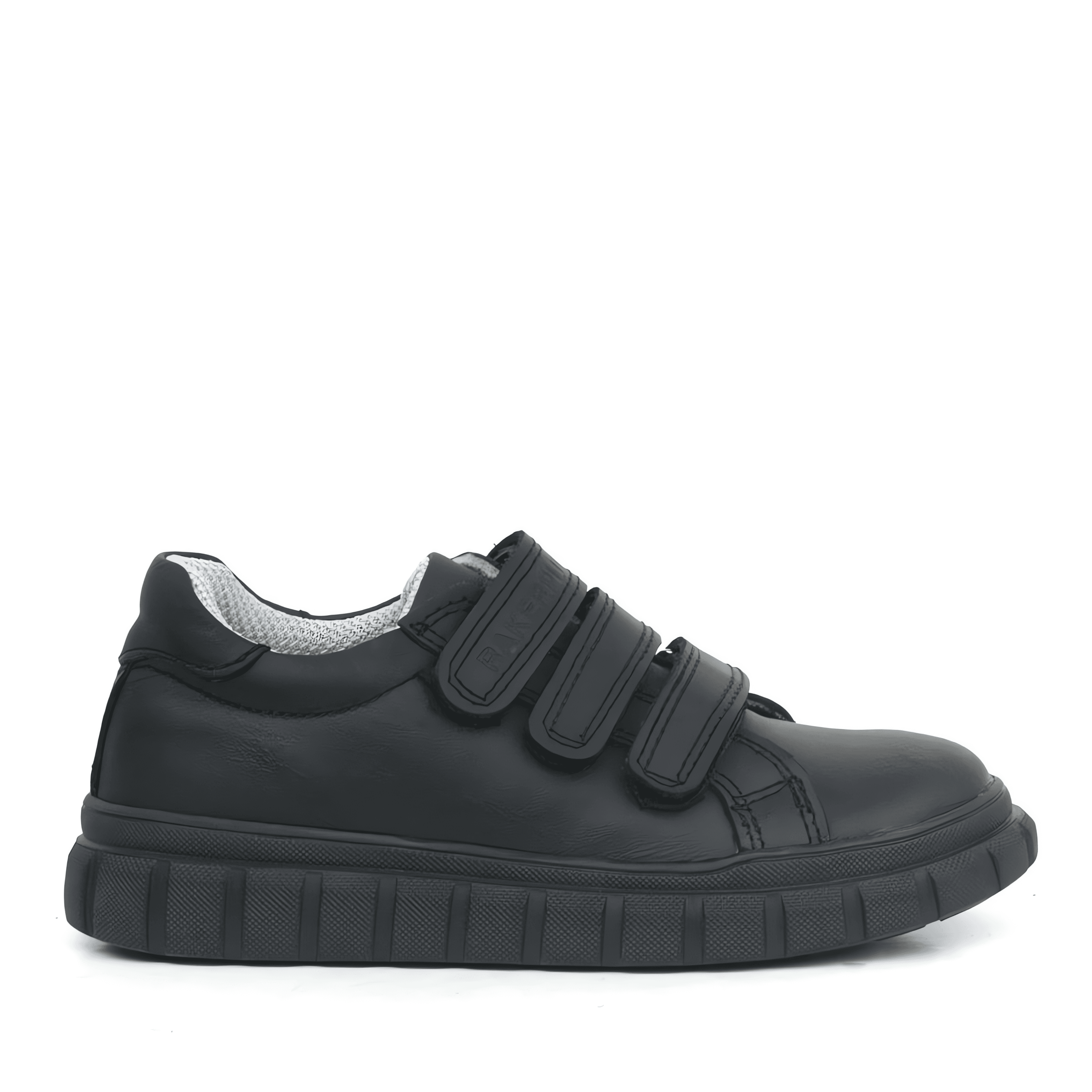 Boys Black Leather School Trainer Shoes with Triple Strap Closure - 4003