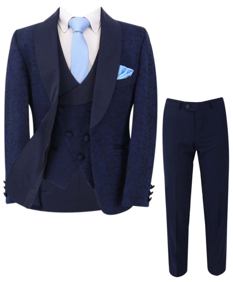 Boys Jacquard Patterned Tuxedo Suit - ASHLEY - Navy Blue