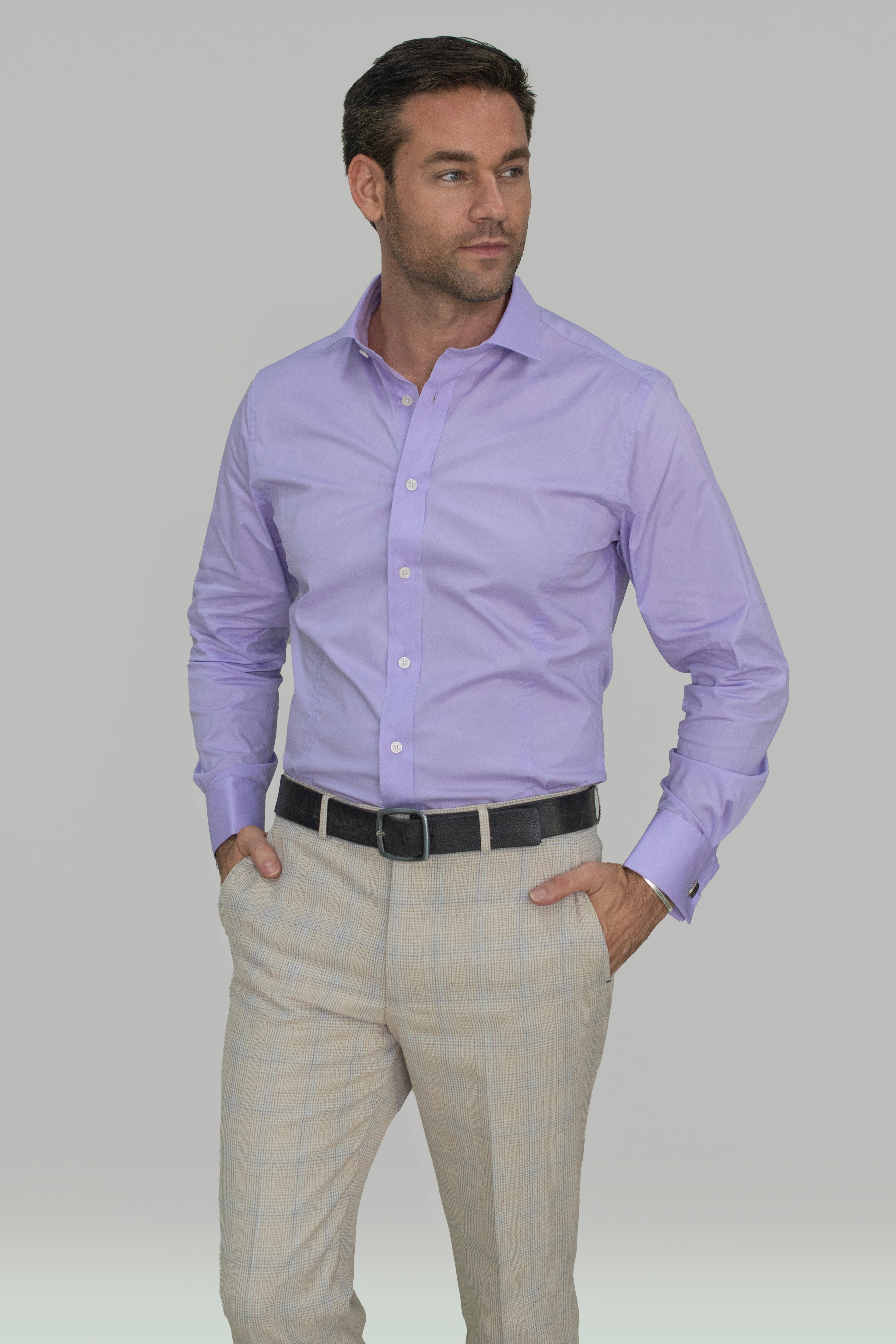 Men's Cotton Slim Fit Shirt with Cufflinks - ROSSI - Lilac