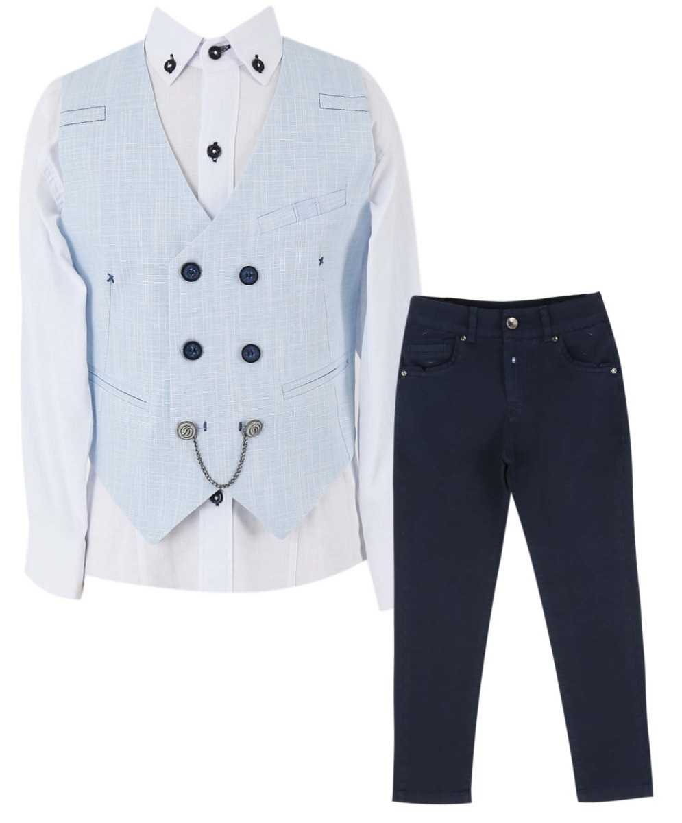 Boys Self Patterned Double-Breasted Linen Waistcoat Suit Set - Light Blue