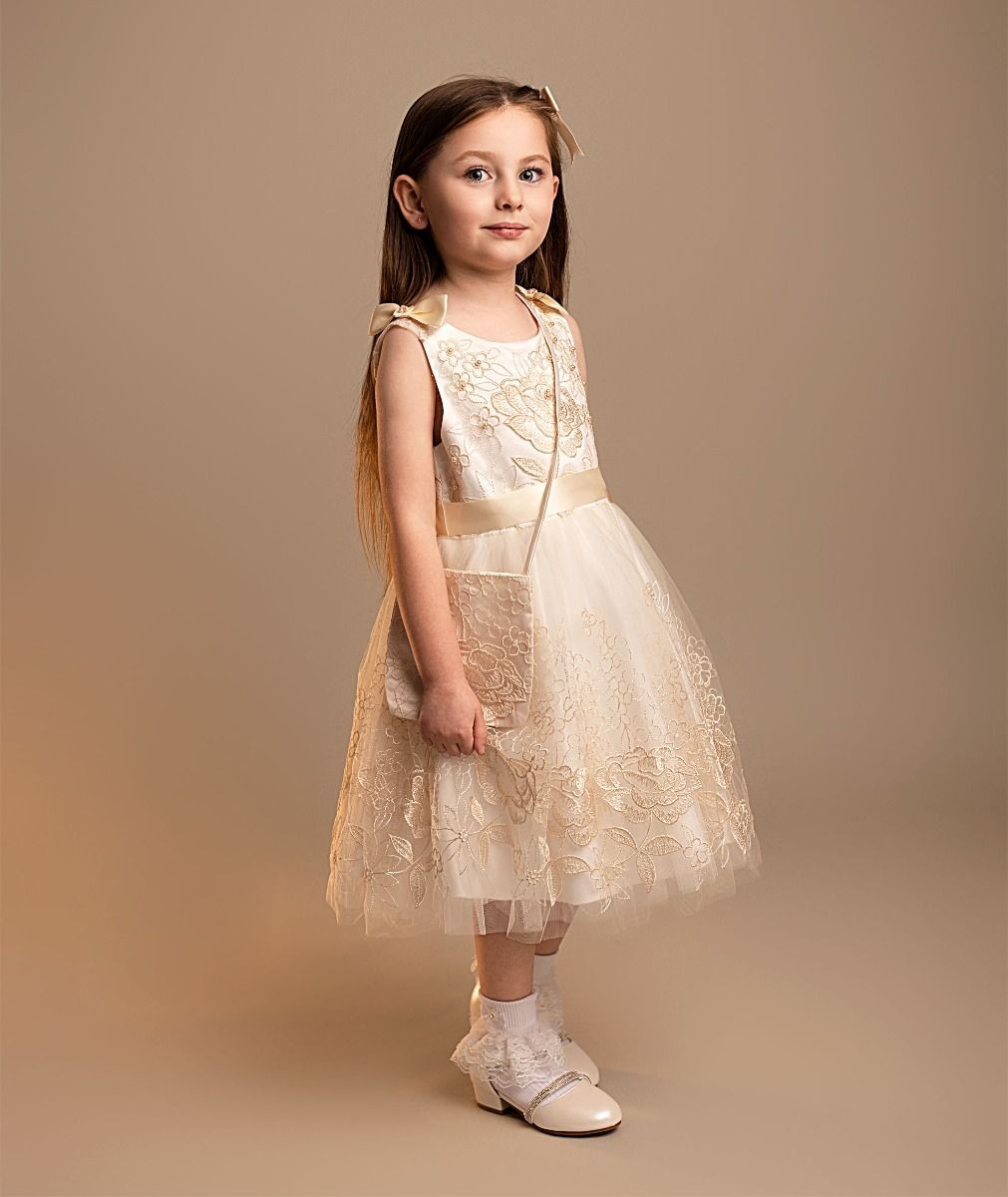 Girls’ Ivory & Gold Floral Embroidery Dress Set - Priscilla 