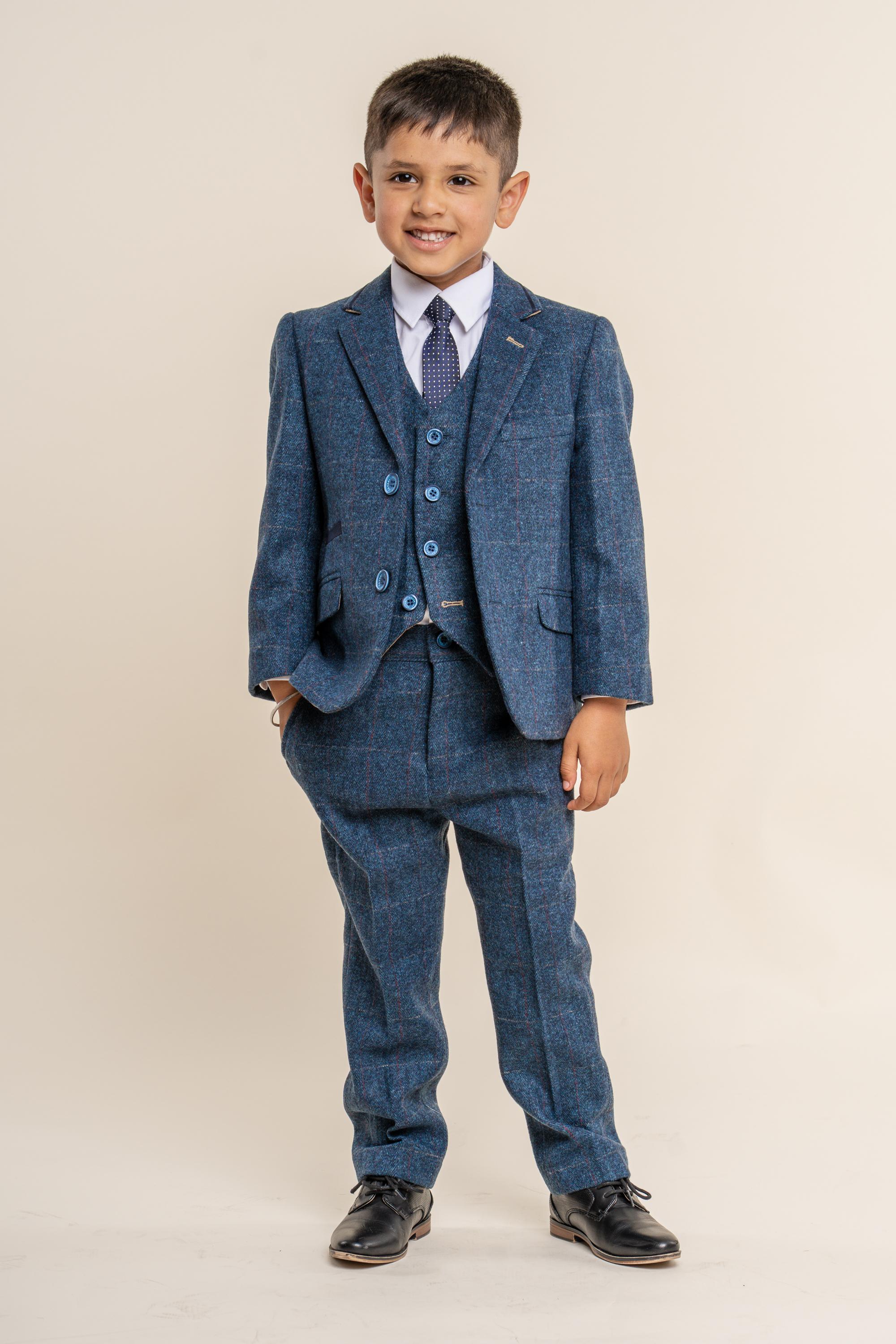 Boys Slim Fit Herringbone Tweed Blue Suit - CARNEGI - Navy Blue