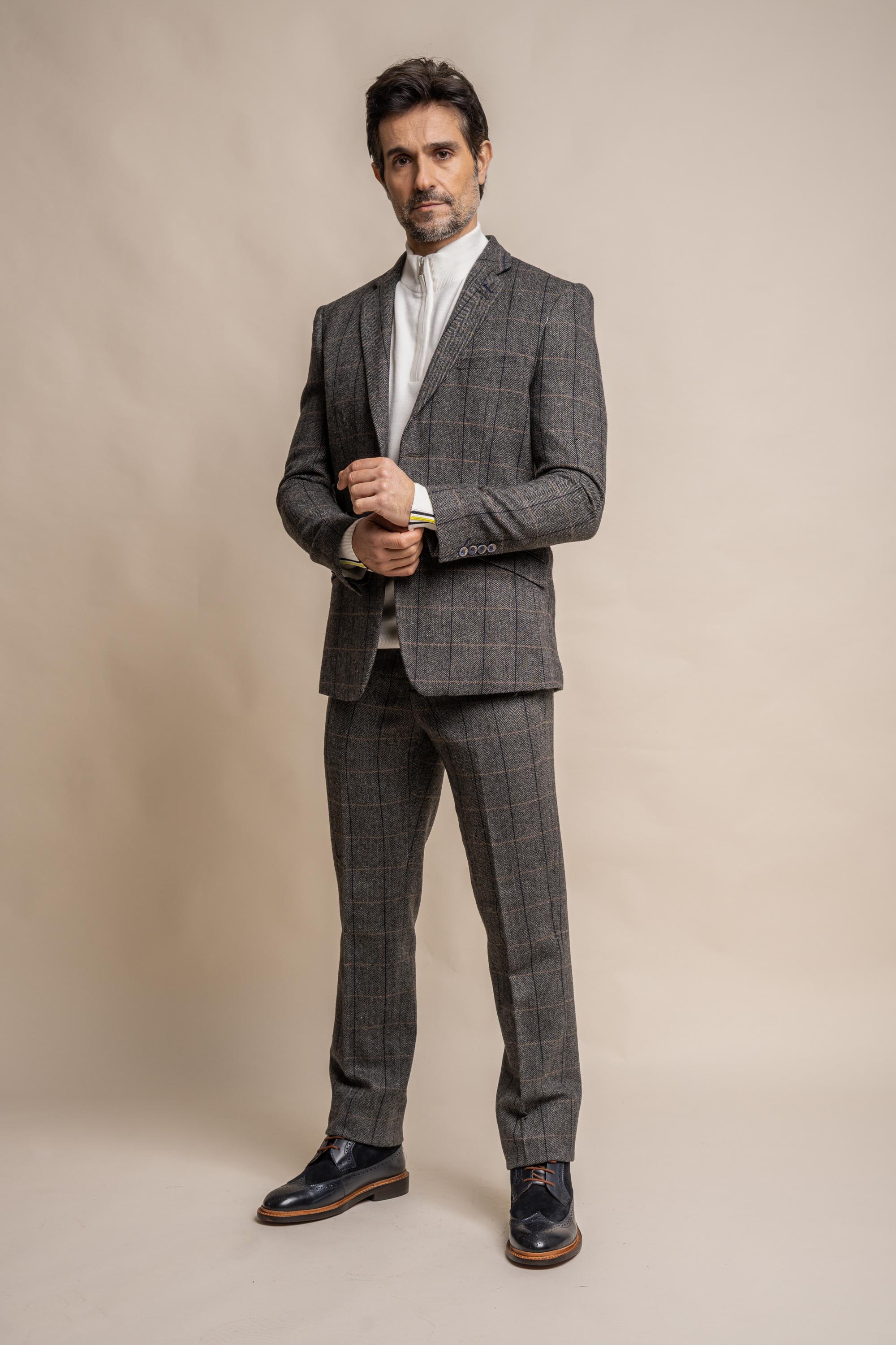 Men's Wool Blend Herringbone Check Suit Jacket - Albert  - Grey