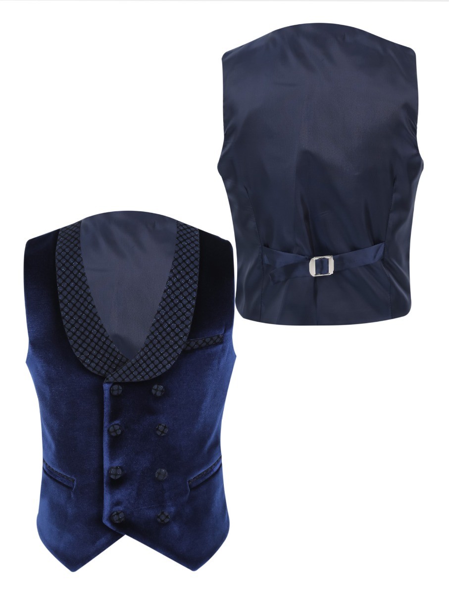 Boys Velvet Slim Fit Tuxedo Dinner Suit - Navy Blue