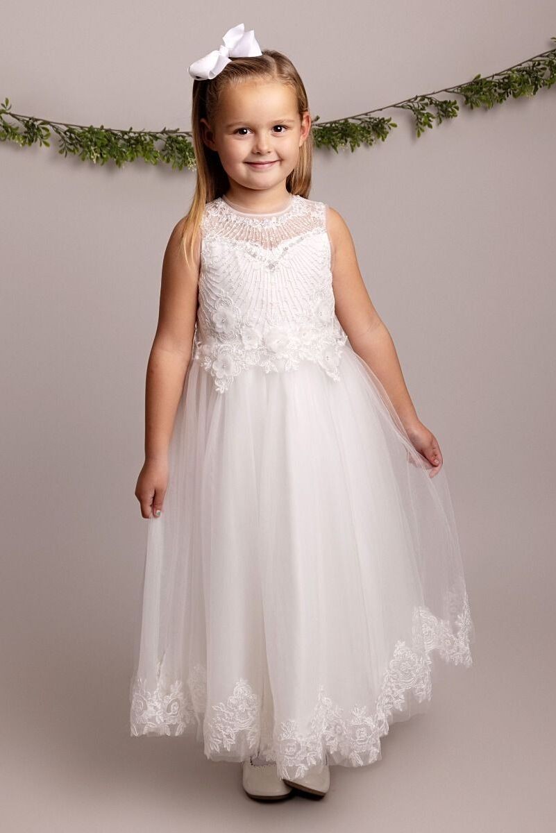 Girls Lace Floral Embroidered Ivory Dress - DAVINA