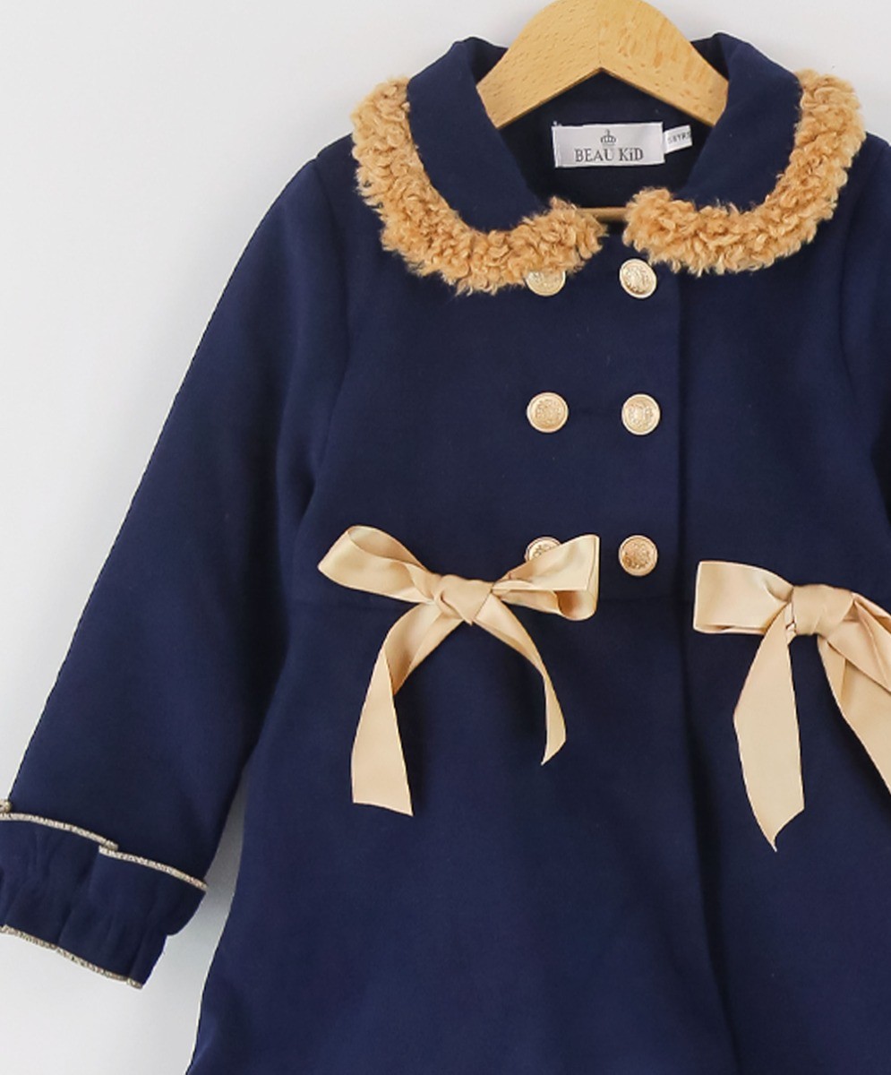 Girls Double-breasted Mid-Length Felted Wool Coat Set - Navy Blue