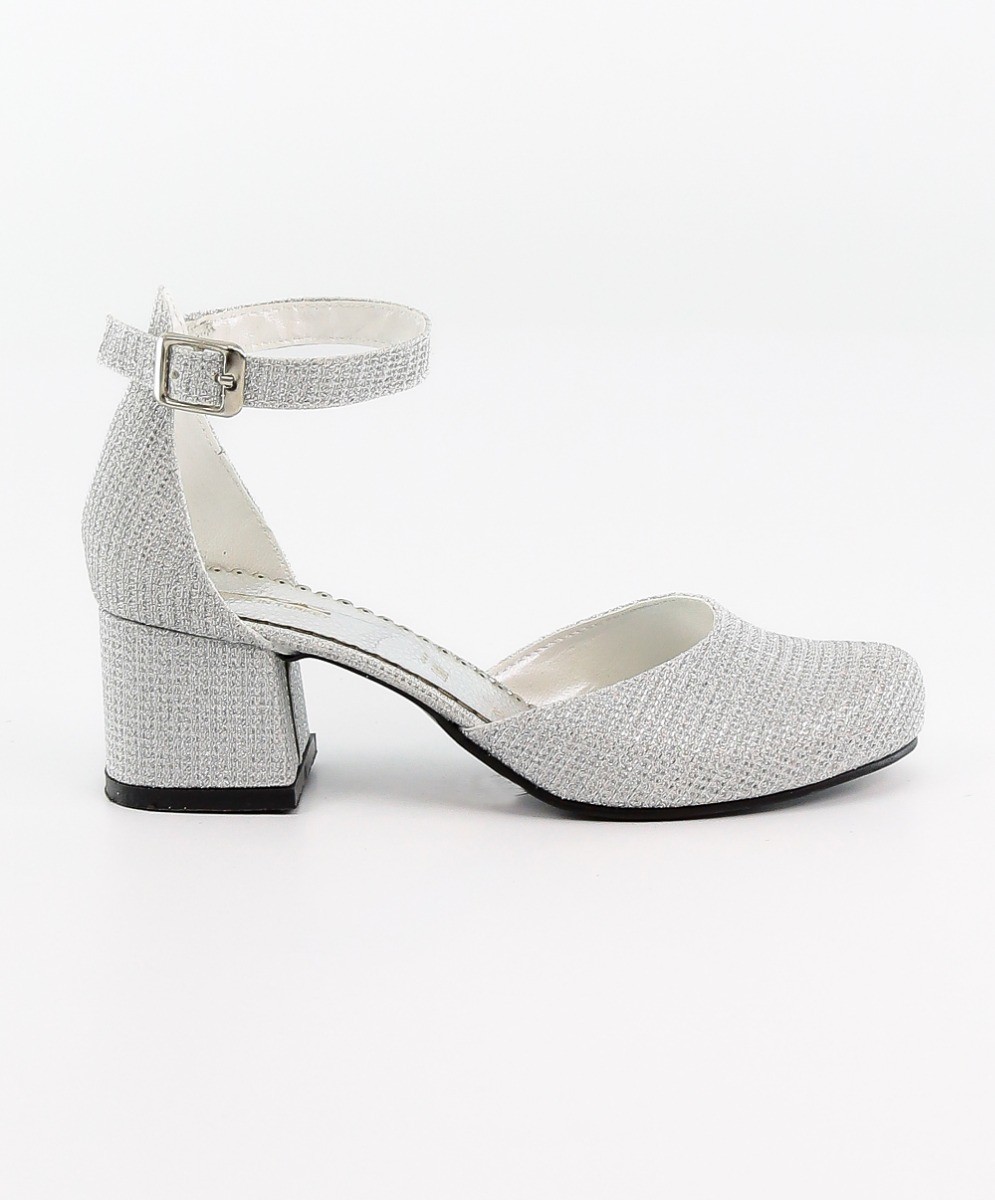 Girls Communion Block Heel Ankle Strap Dress Shoes - Ivory Silver