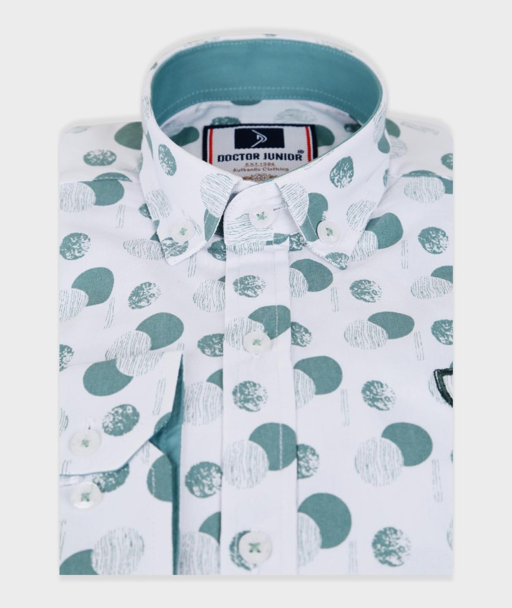 Boys Slim Fit Patterned Printed Casual Shirt - Green - White
