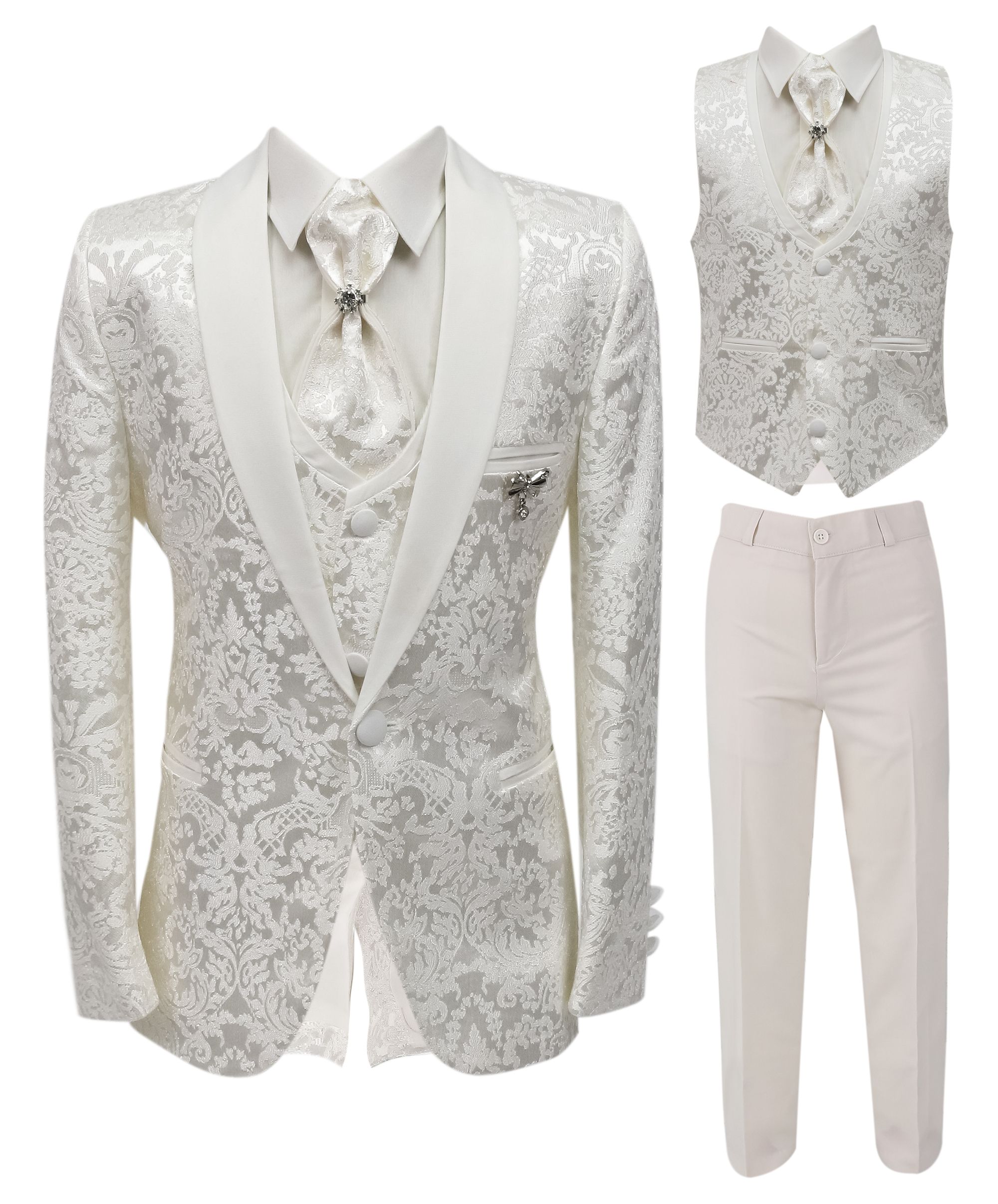 Boys’ 5 Piece White Floral Textured Communion Tuxedo Suit