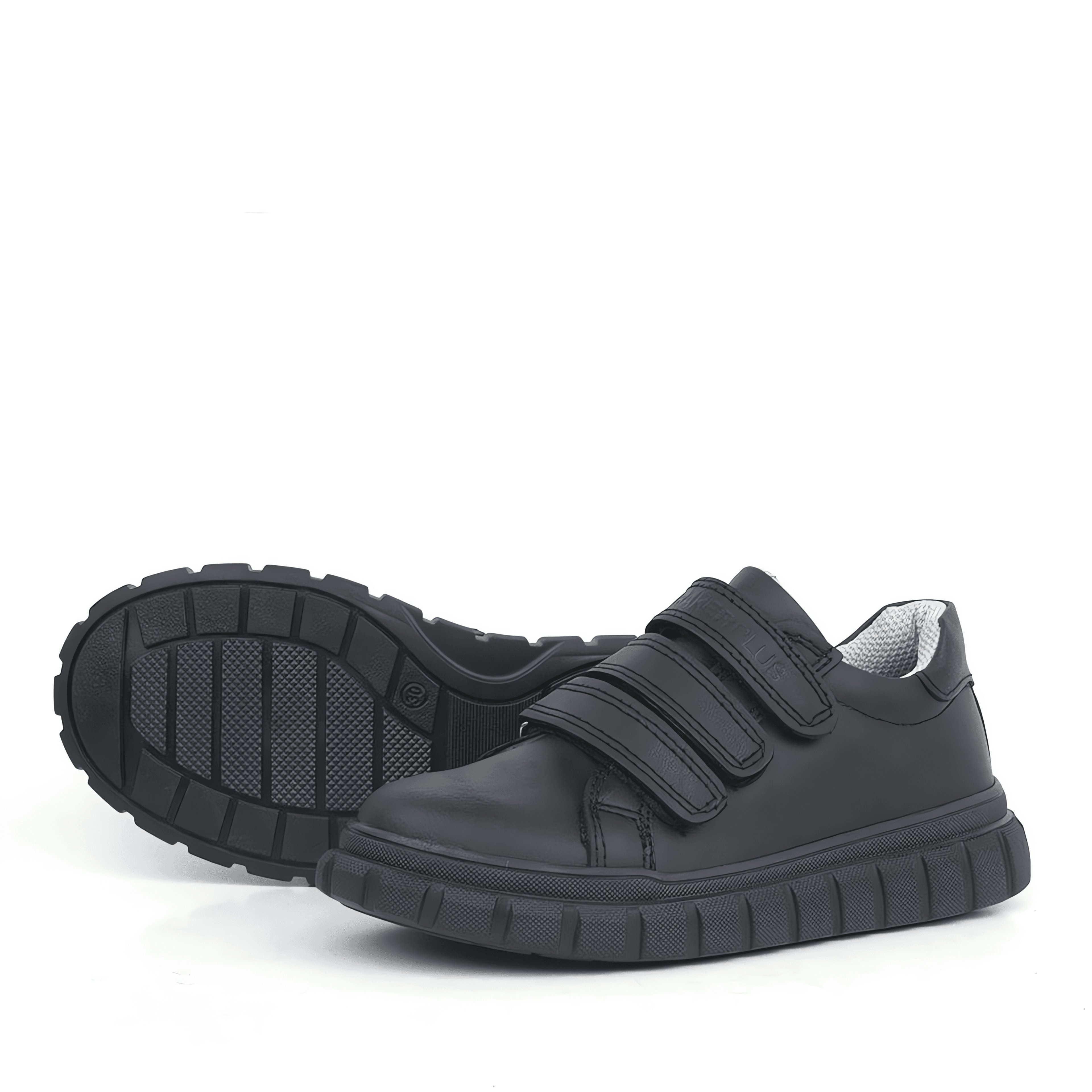 Boys Black Leather School Trainer Shoes with Triple Strap Closure - 4003